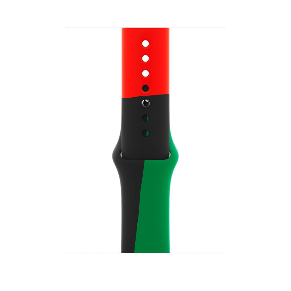 Braccialetto rosso, nero e verde con fori regolabili.