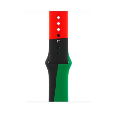 Braccialetto rosso, nero e verde con fori regolabili.