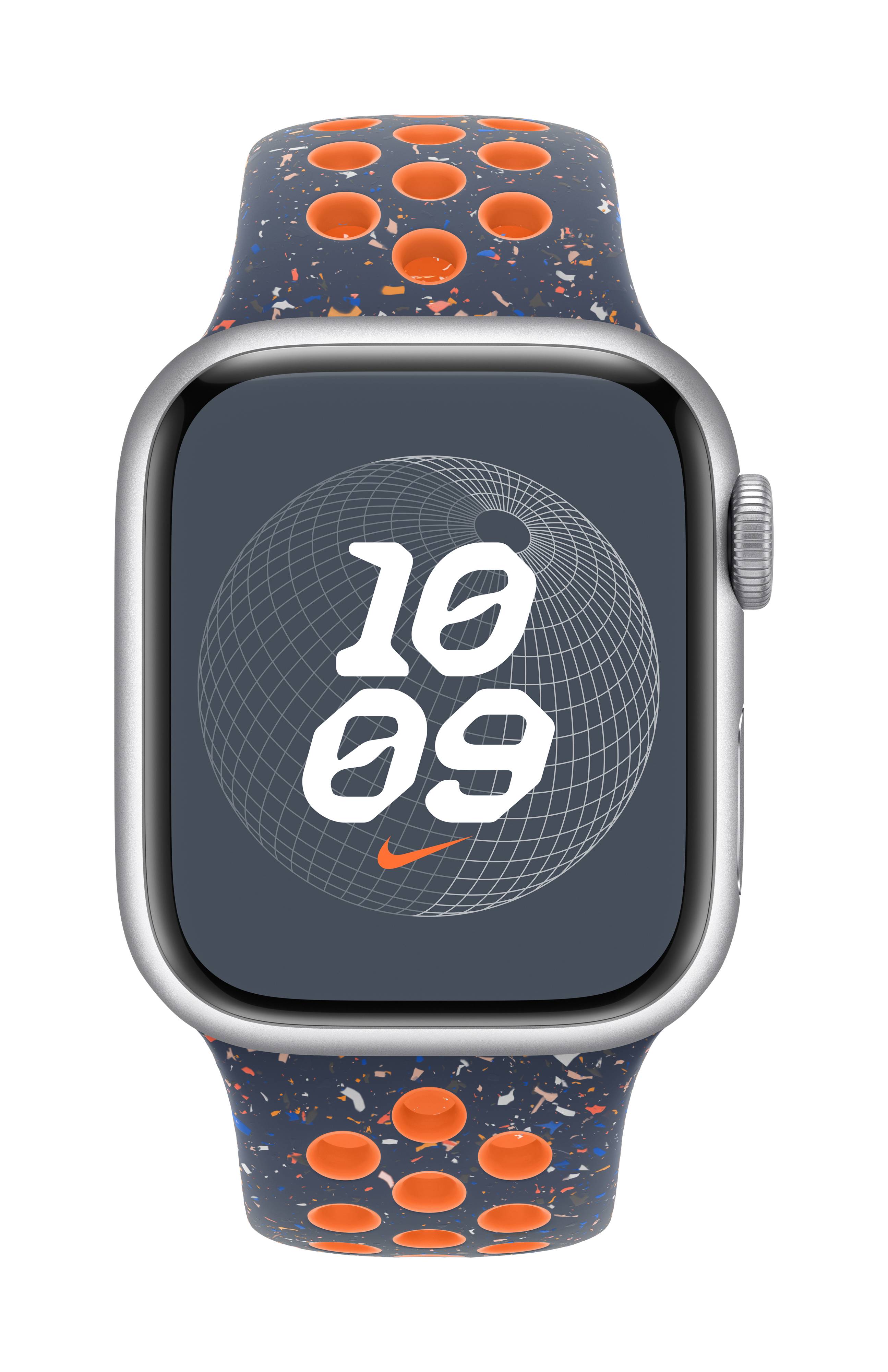 Un orologio intelligente con quadrante grigio, che mostra l'ora '10:09'. Cinturino blu con accenti arancioni.