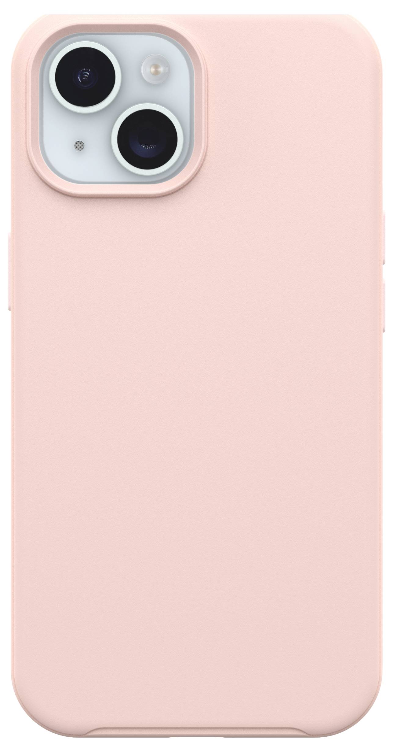 Custodia per smartphone rosa con ritaglio quadrato rialzato per due fotocamere e un flash, mostrata su sfondo bianco semplice.