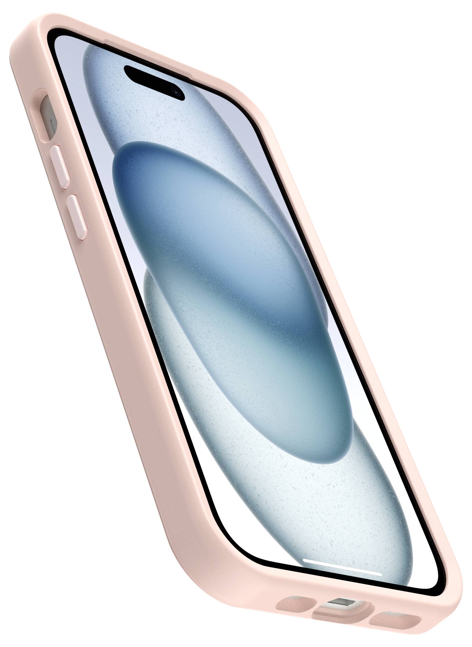 Una custodia per smartphone rosa che protegge un telefono con uno sfondo astratto blu, mostrato ad angolo su uno sfondo bianco.