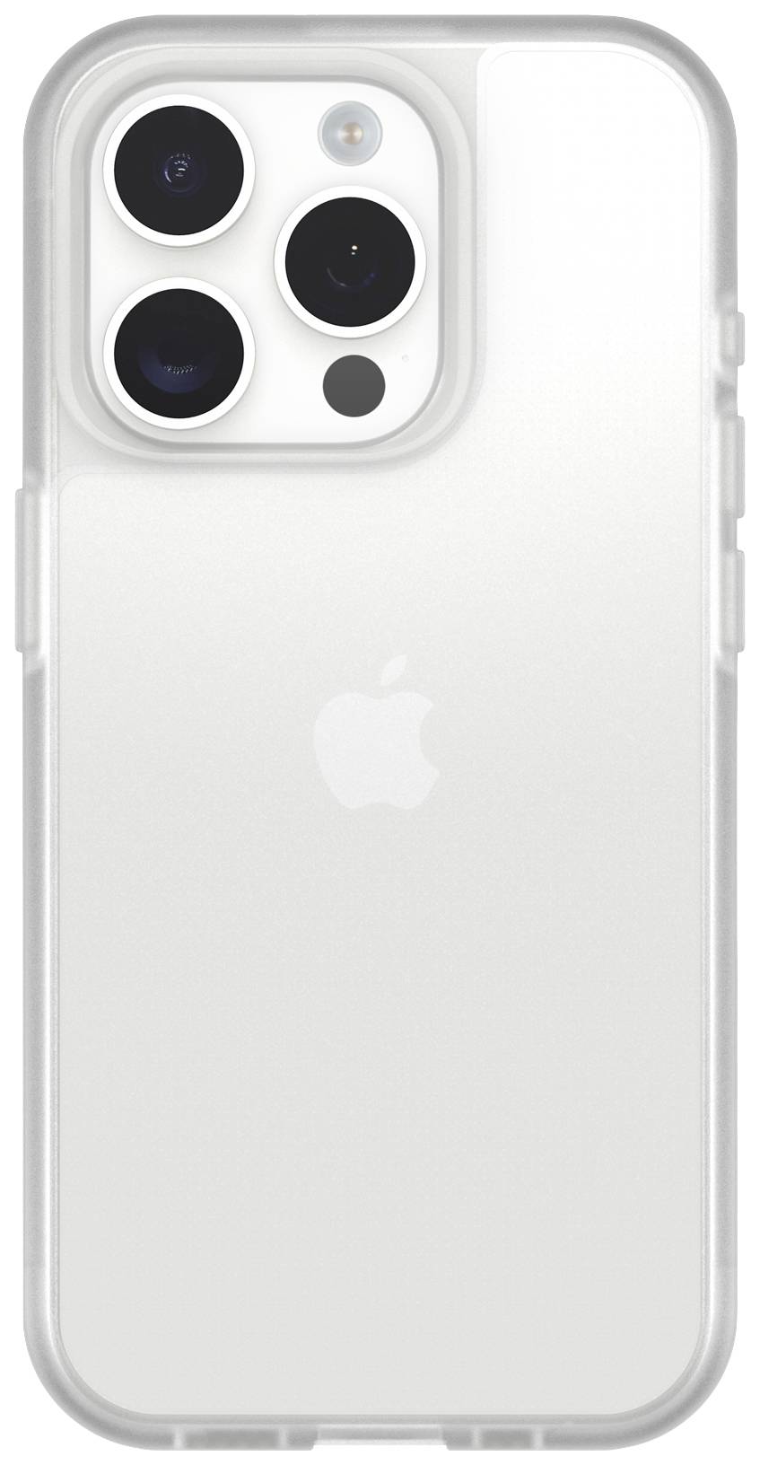 Un iPhone con un custodia protettiva trasparente e tre obiettivi fotografici sul retro. Un logo Apple è visibile.