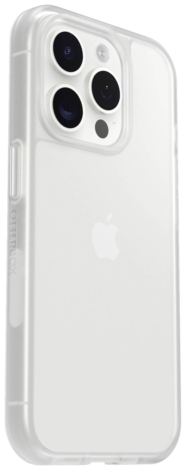 Una cover trasparente per smartphone con tre obiettivi fotografici, con logo sul retro, che offre protezione e stile.