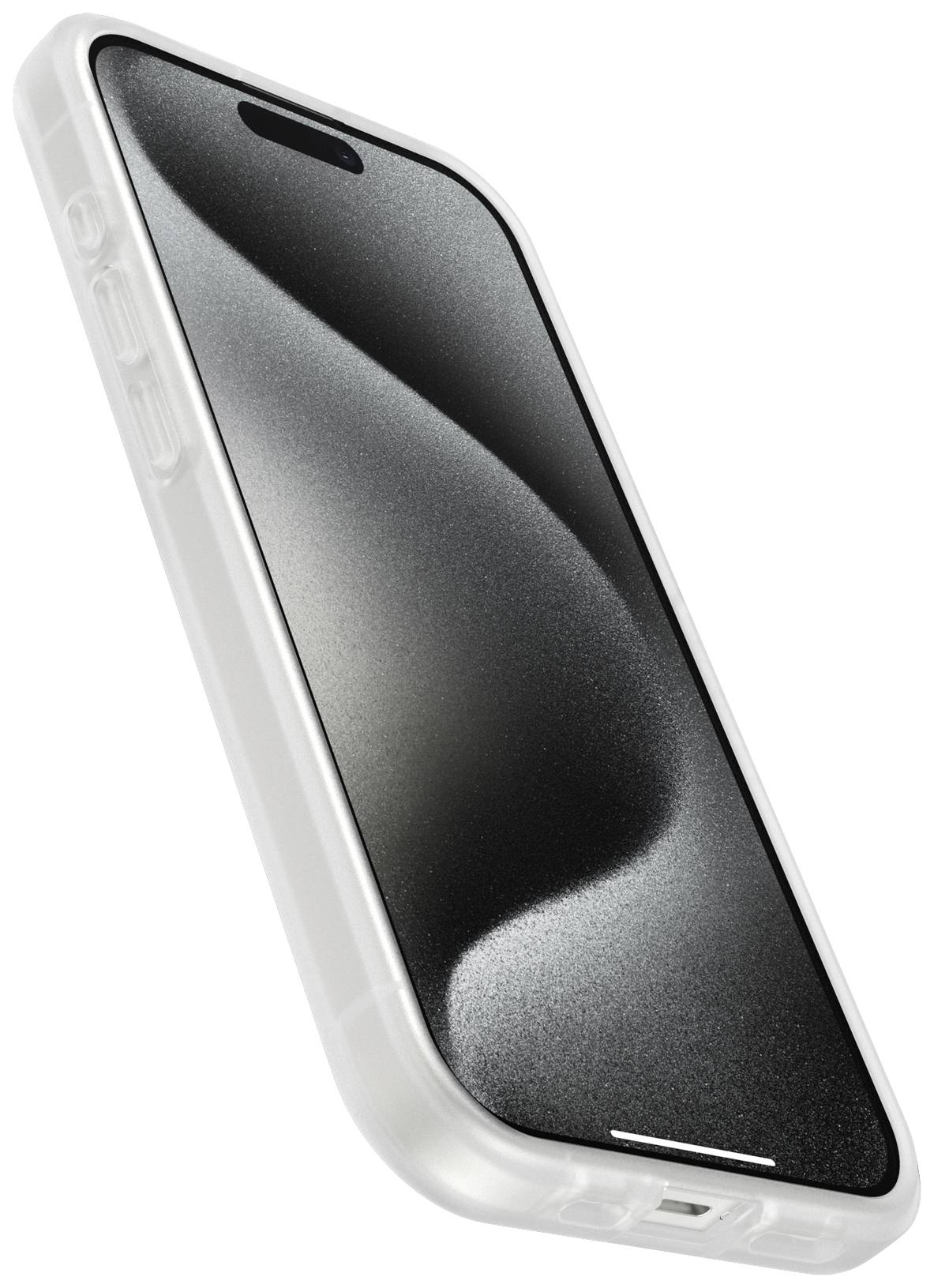 Smartphone in custodia bianca con un design dello schermo curvo e minimalista, fotografato da una prospettiva laterale.