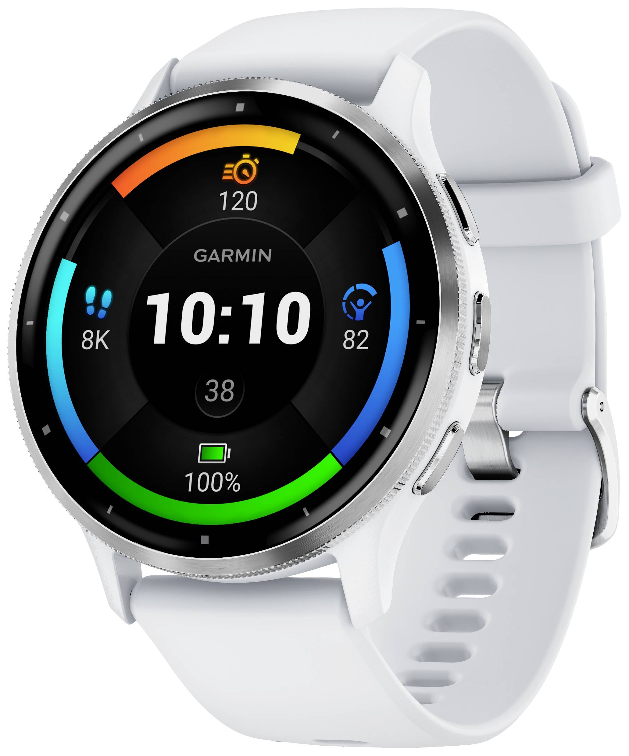 Un smartwatch con cinturino bianco mostra passi, calorie, frequenza cardiaca e livello della batteria su un display a colori.