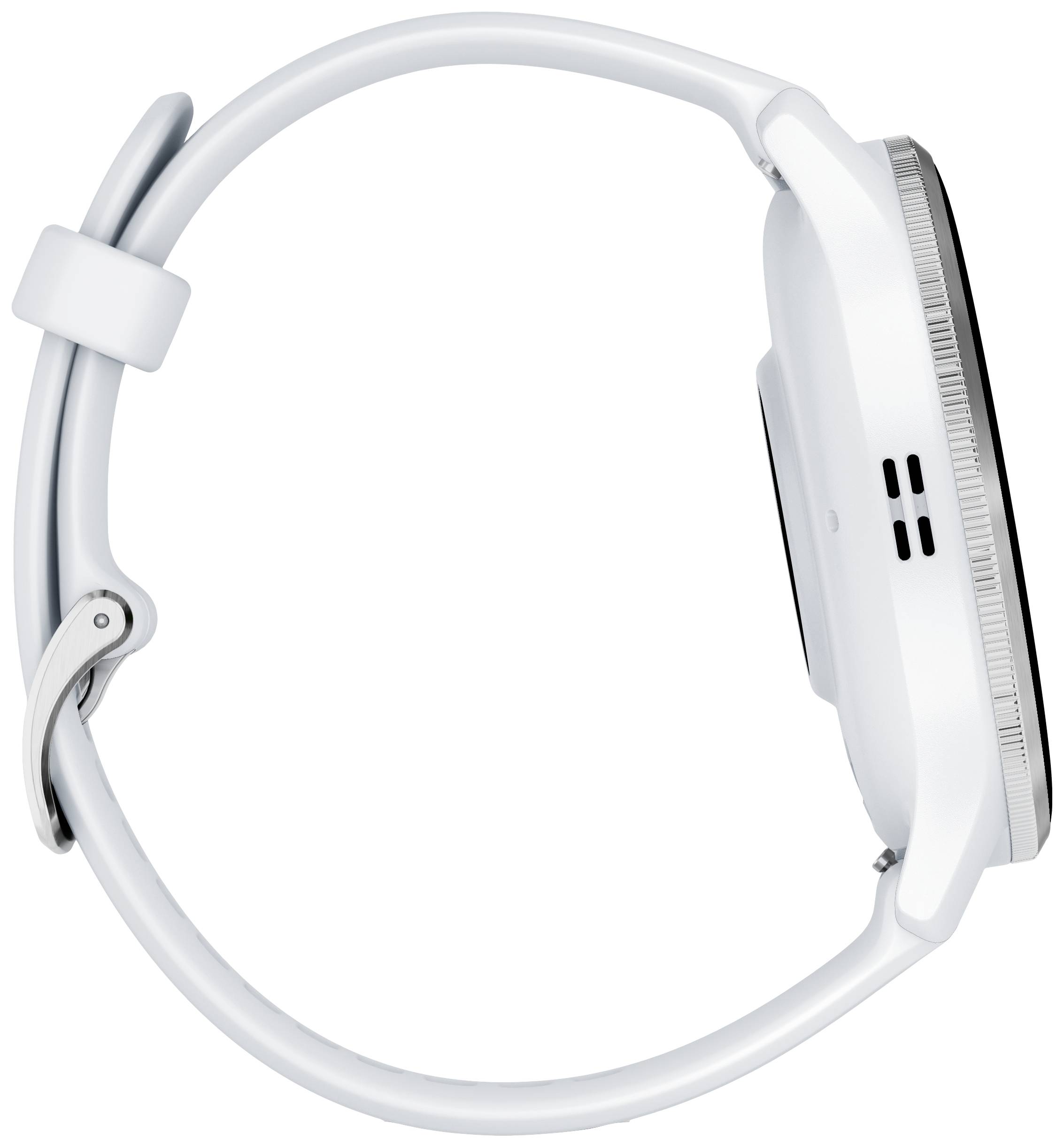 Vista laterale di uno smartwatch moderno bianco con quadrante rotondo e cinturino liscio.