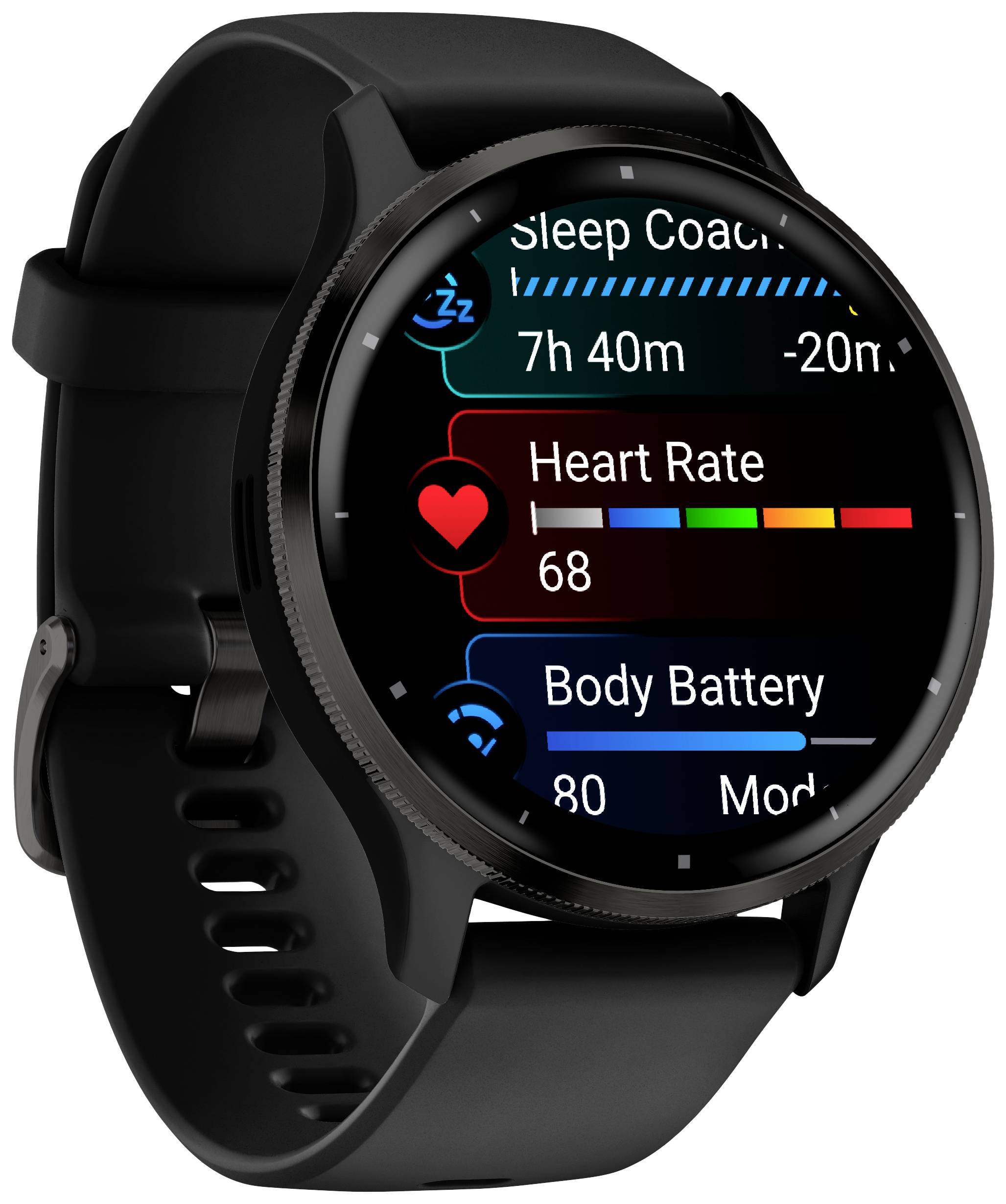 Un smartwatch nero mostra i dati di salute: tempo di sonno 7 ore 40 minuti, frequenza cardiaca 68, energia corporea 80.