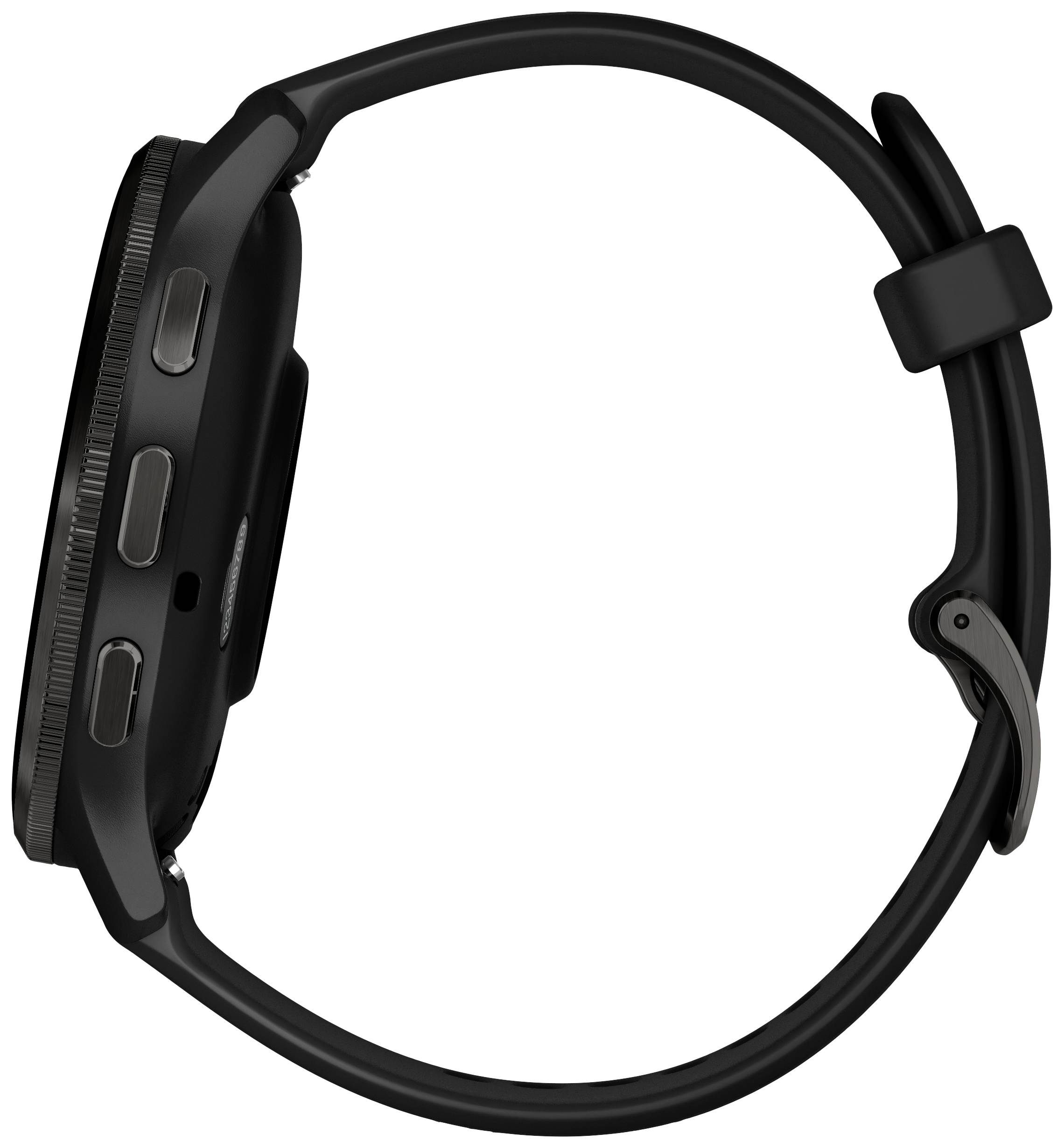 Orologio da polso nero visto di lato, con due pulsanti e un display digitale.