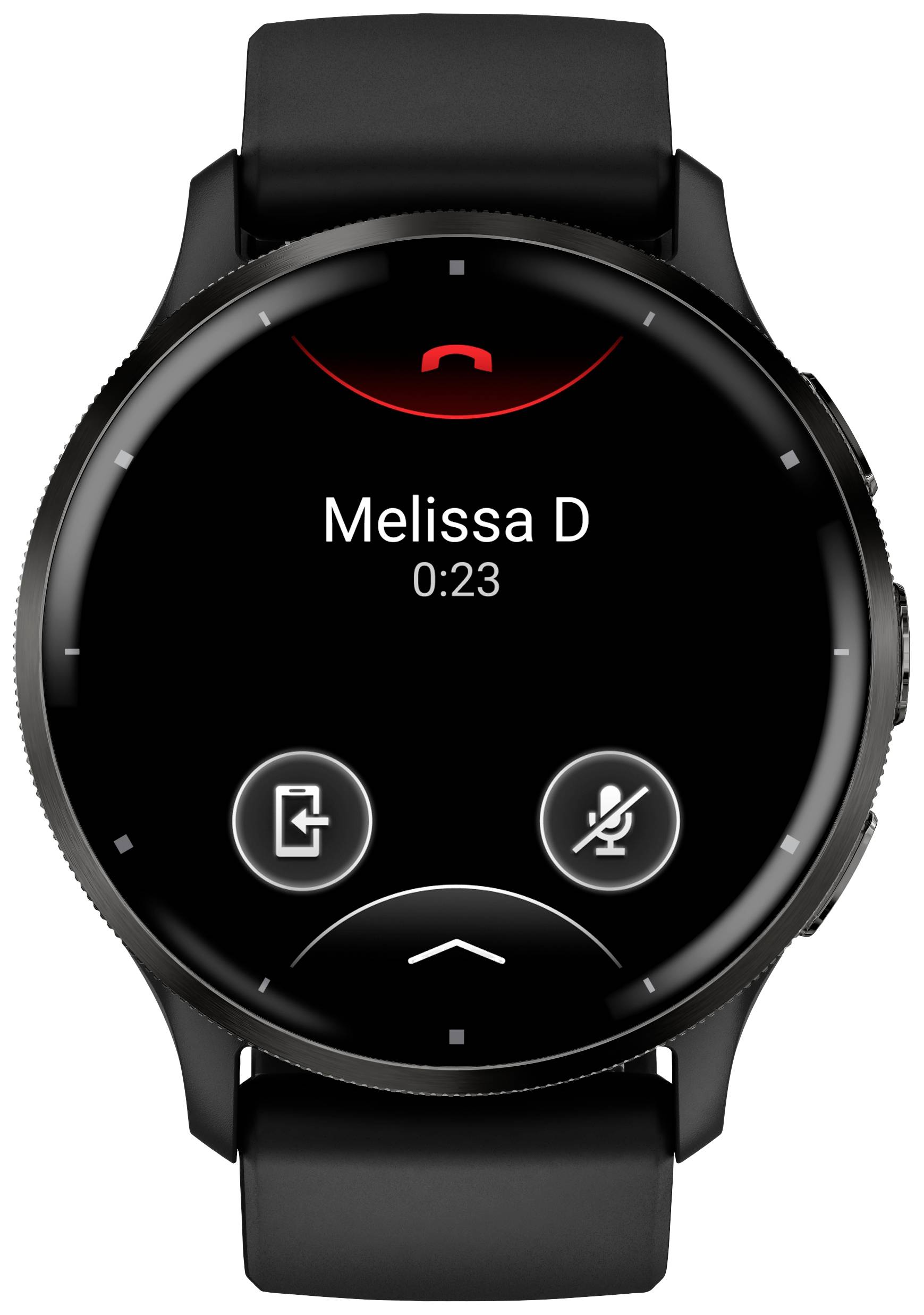 Display di uno smartwatch durante una chiamata attiva. Il nome 'Melissa D' e la durata '0:23' sono visibili, con opzioni per riagganciare e silenziare la chiamata.