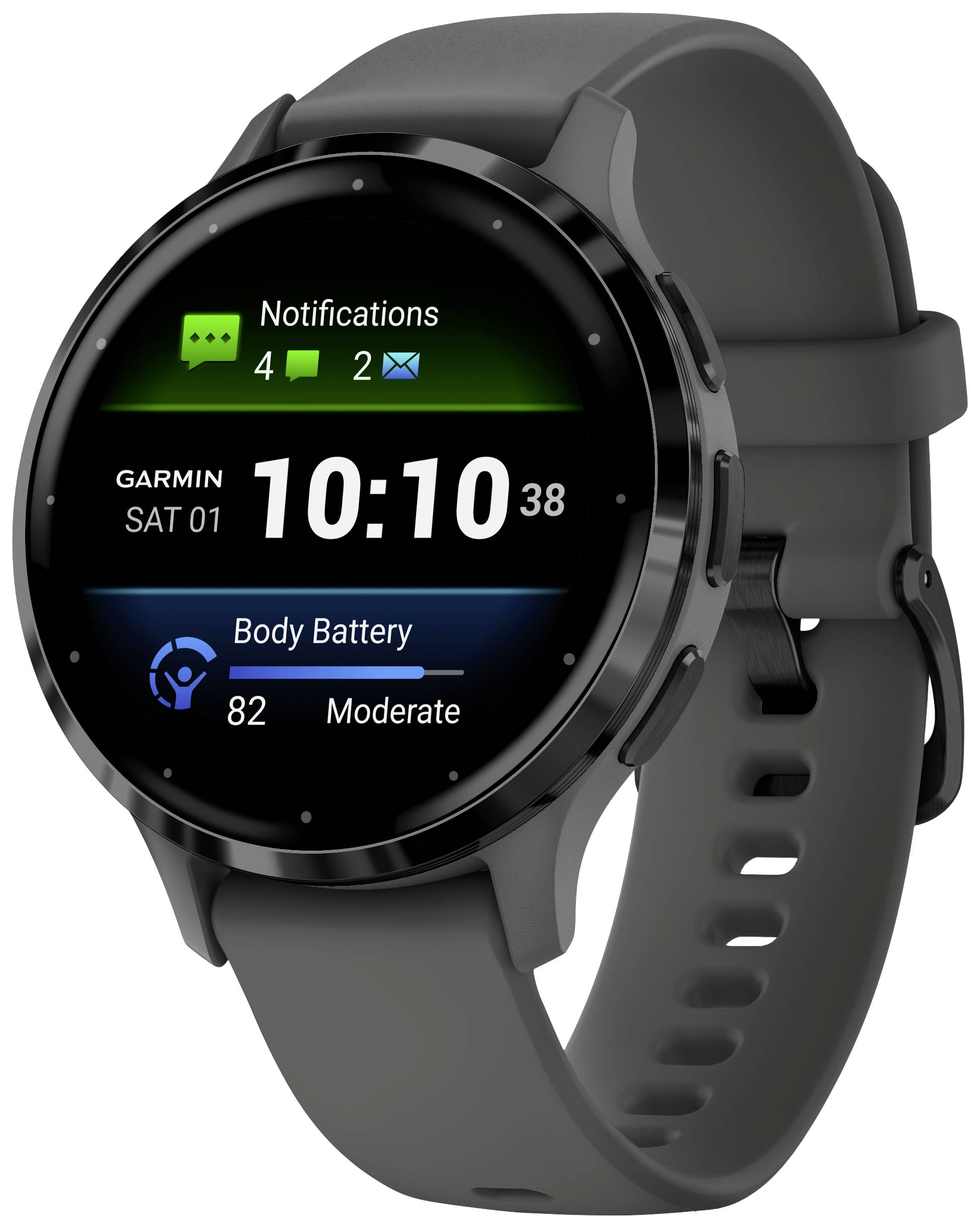 Smartwatch con display circolare, mostra l'ora 10:10, data 'Sabato, 1°', notifiche, livello Body Battery 82, 'Moderato'.