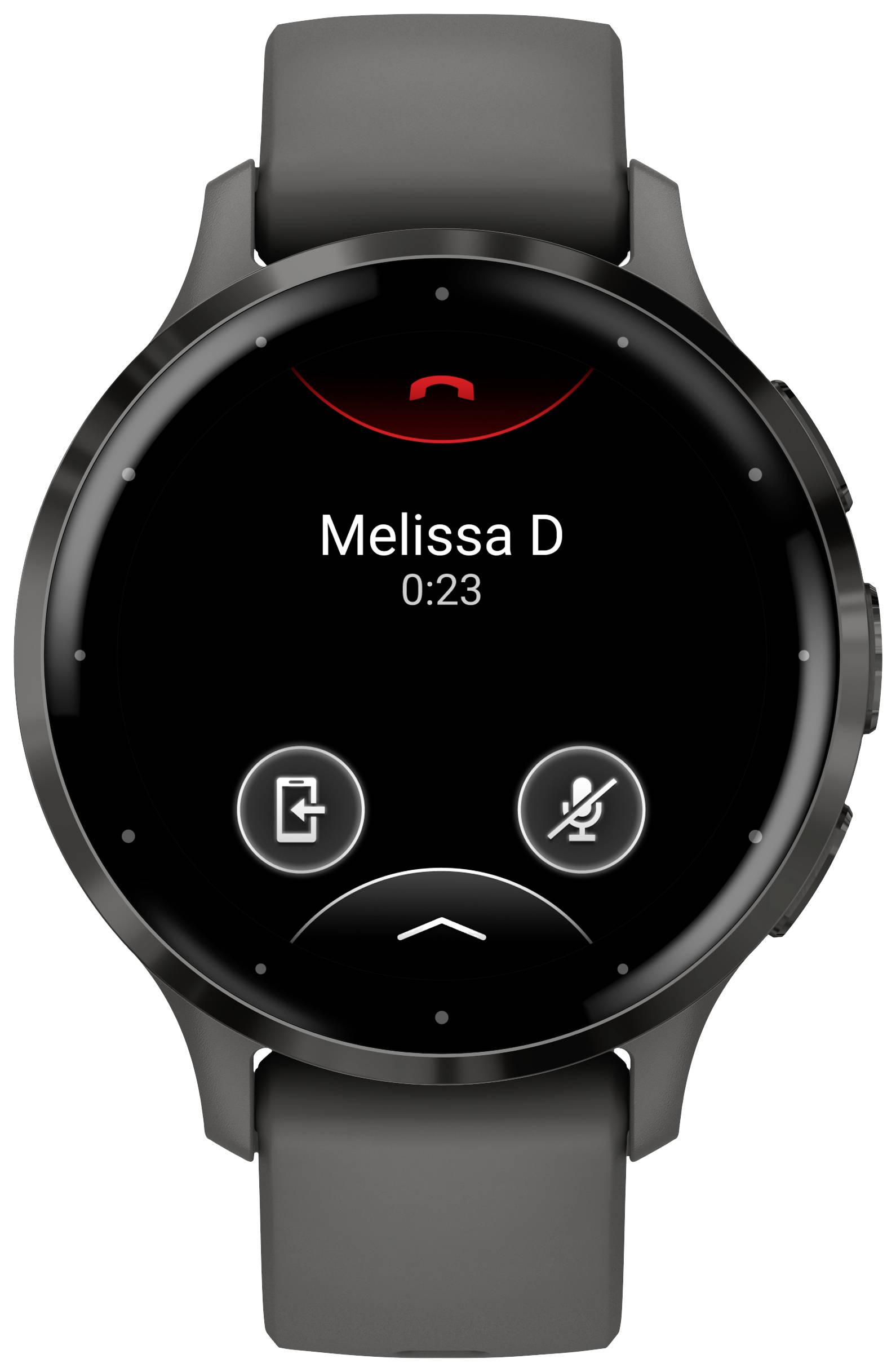 Smartwatch con chiamata telefonica attiva. Lo schermo mostra 'Melissa D' e la durata della chiamata di 0:23. Sono visibili i simboli per silenziare e terminare la chiamata.