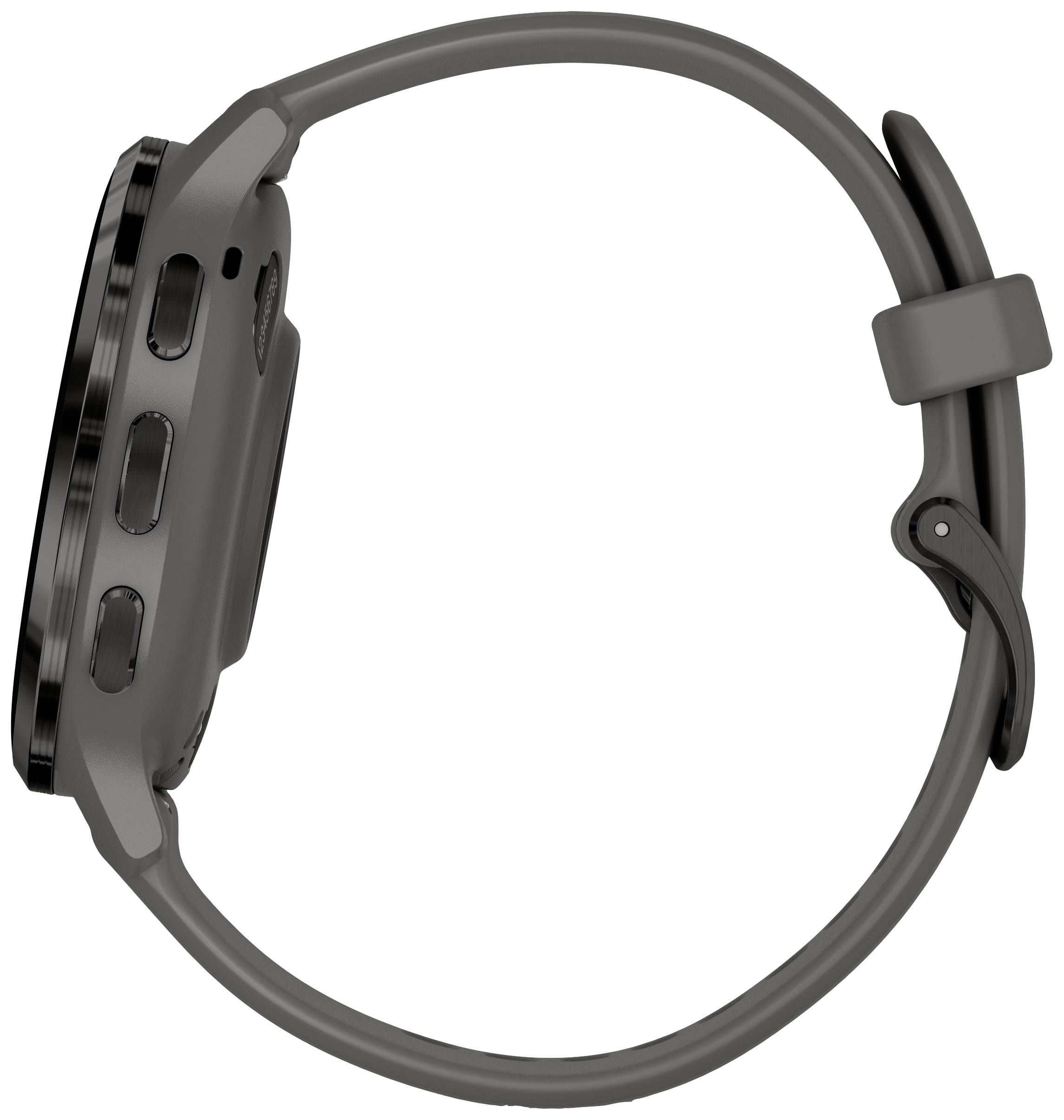 Profilo laterale di uno smartwatch grigio con cinturino, con tasti digitali e lunetta visibili.
