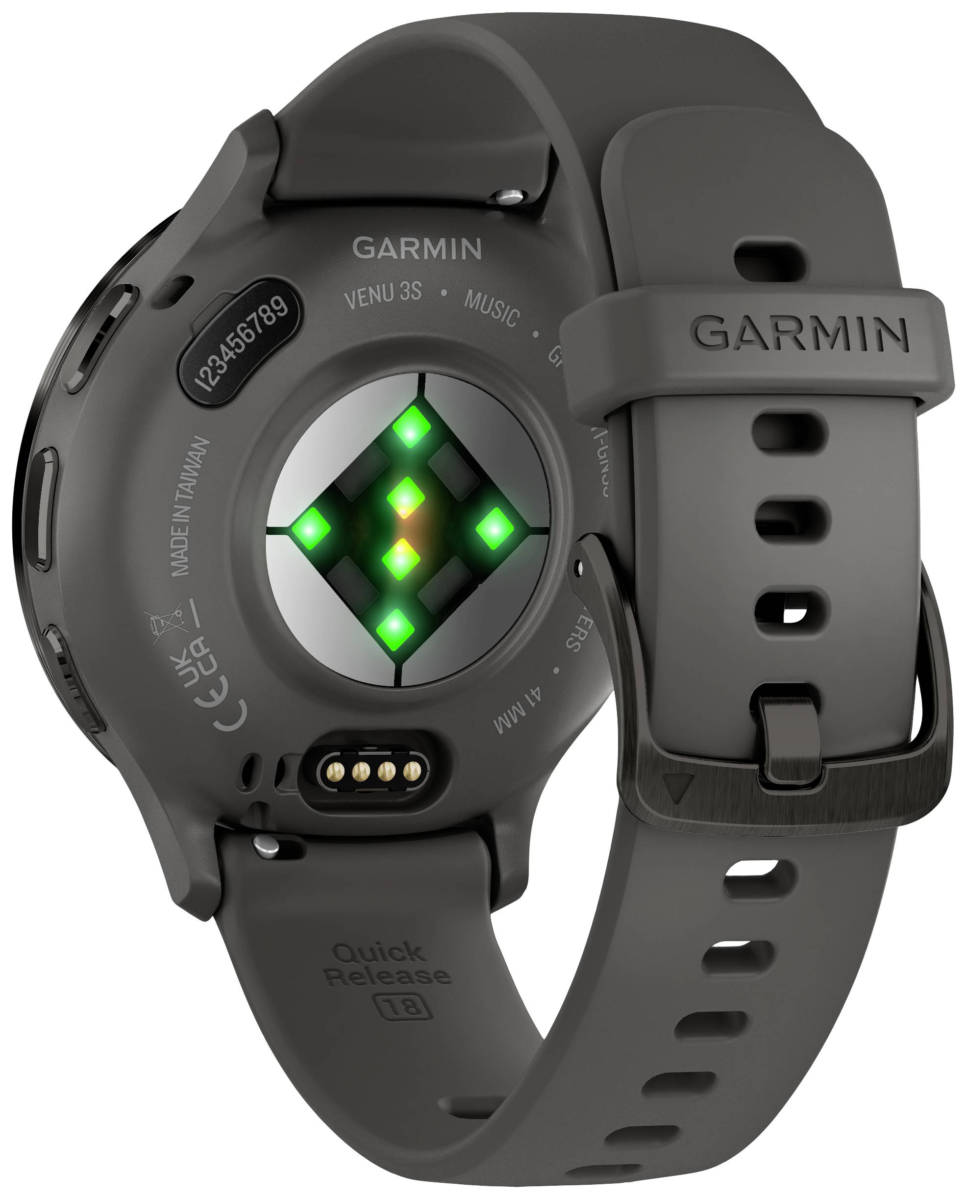 Un orologio smart grigio con sensori verdi sul retro, con il nome del marchio visibile. Ideale per il monitoraggio fitness e della salute.