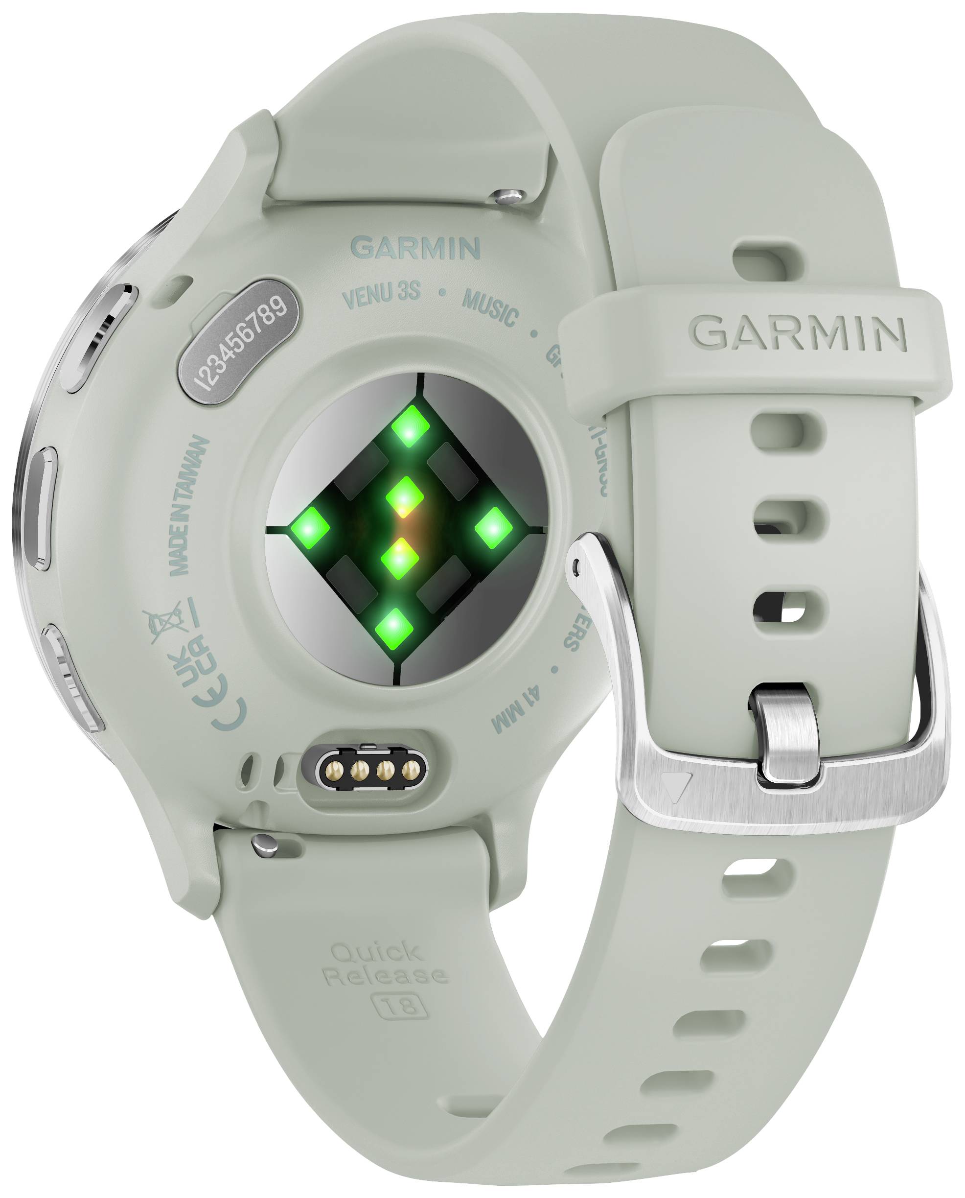 Smartwatch in verde menta con cinturino in silicone, mostra il retro con sensori e logo del marchio. Design per il monitoraggio di fitness e salute.