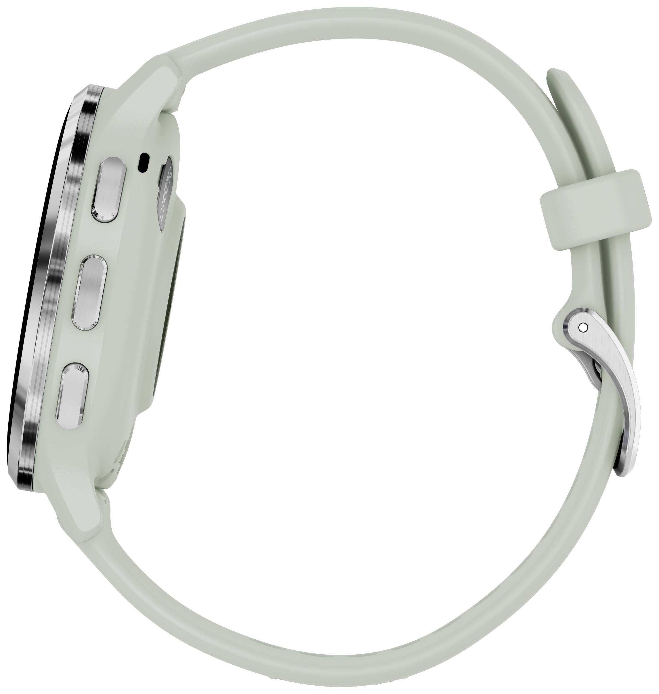 Smartwatch verde-argento vista di lato, che mostra il cinturino con fibbia metallica e tre pulsanti sulla cassa.