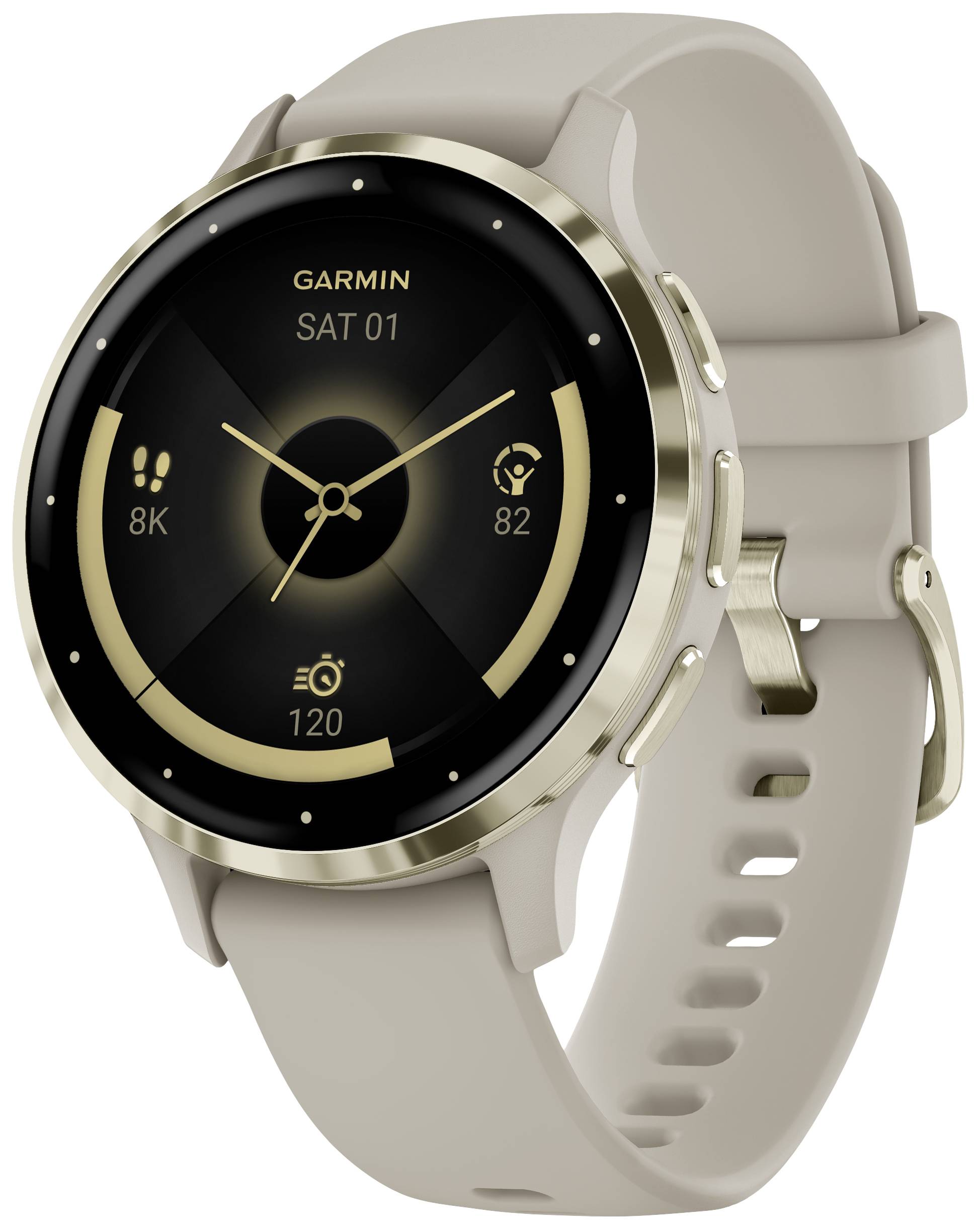 Un smartwatch beige con quadrante rotondo mostra passi, calorie e data. Il display ha dettagli dorati.