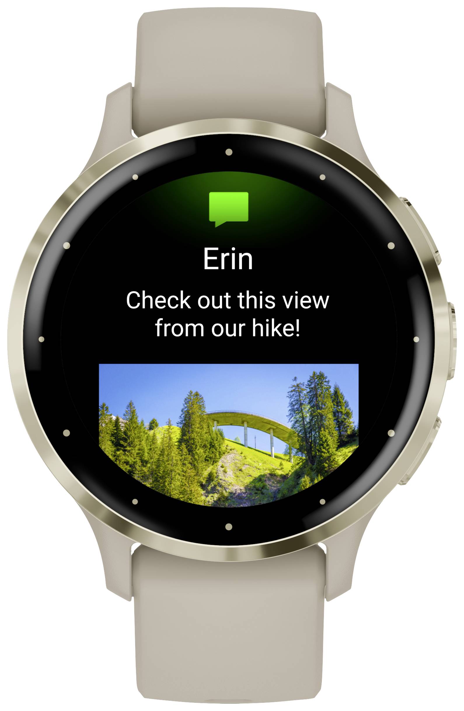 Smartwatch mostra un messaggio di 'Erin': 'Guarda questo panorama dal nostro trekking!' con un'immagine di un ponte in un paesaggio verde.