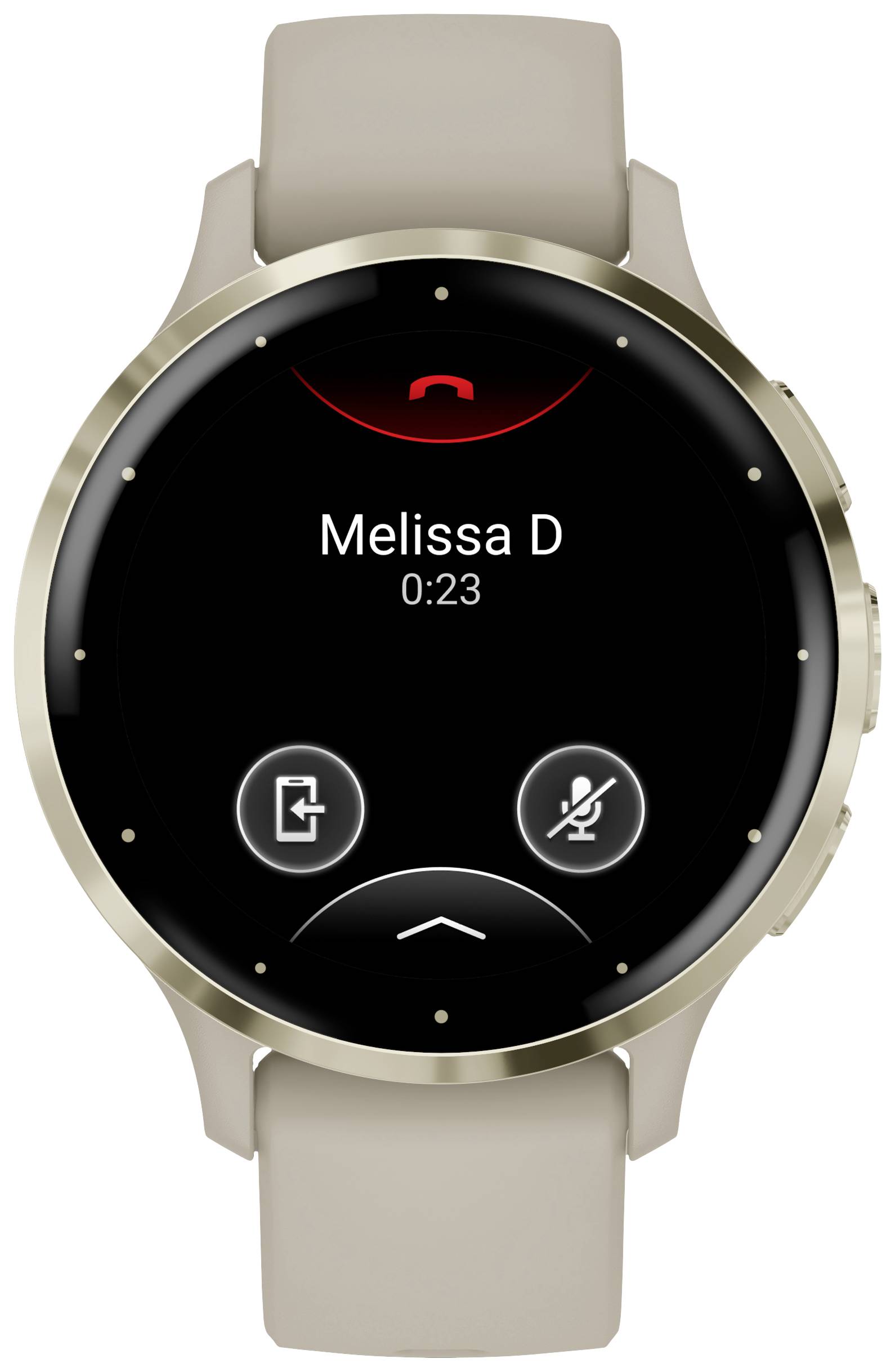 Lo smartwatch mostra una chiamata attiva con 'Melissa D', in corso da 23 secondi. L'interfaccia presenta opzioni per terminare la chiamata e disattivare il microfono.