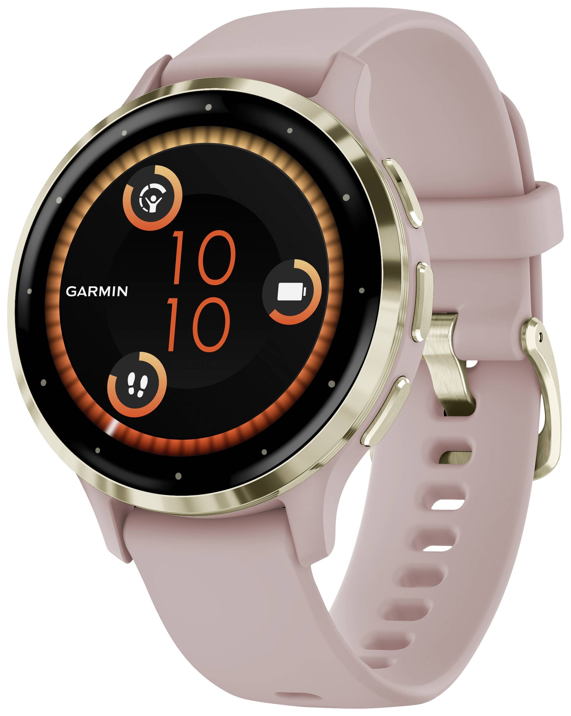 Smartwatch con display rotondo, cinturino rosa e lunetta dorata. Mostra l'ora '10:10' e icone fitness.