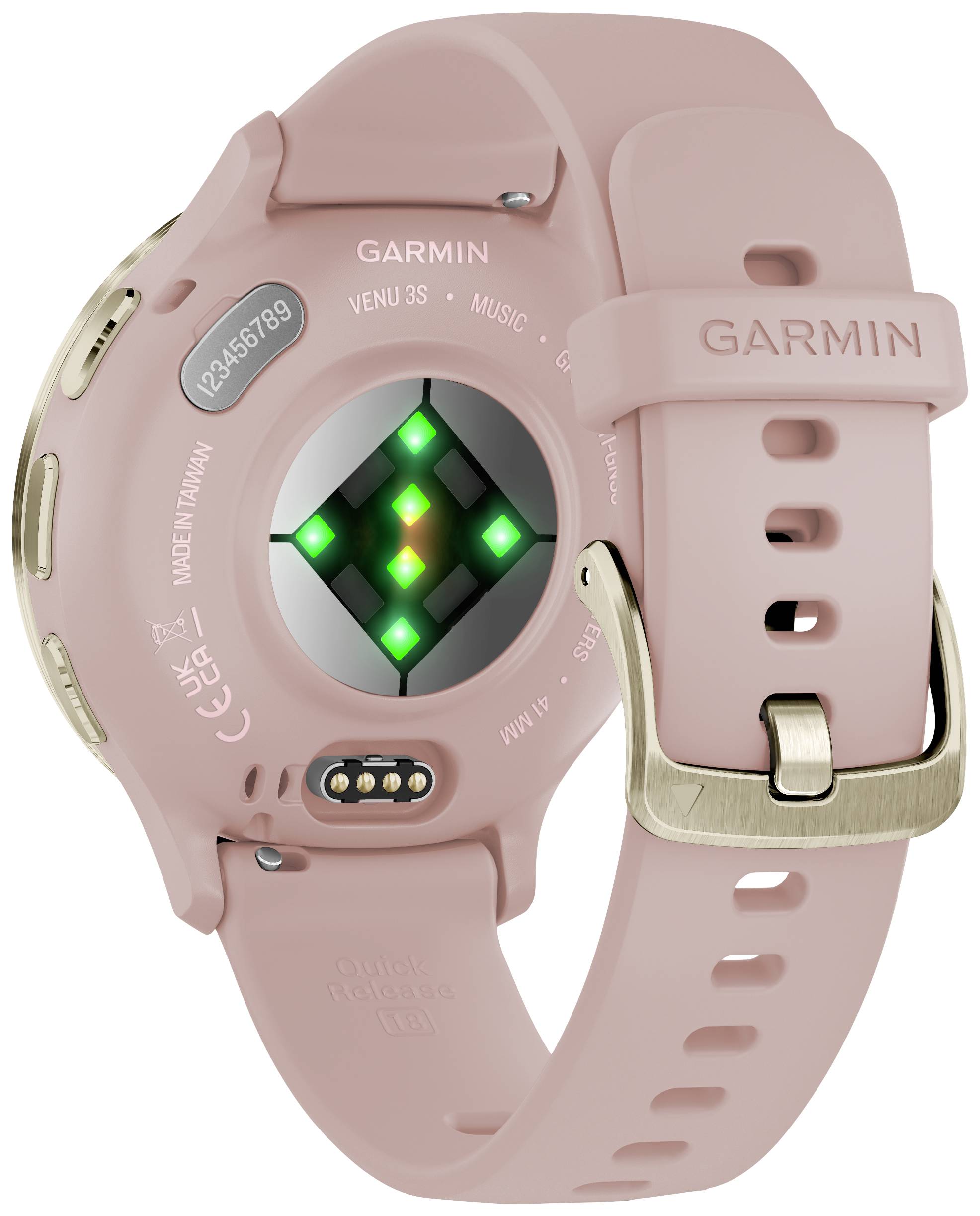 Retro di un smartwatch rosa Garmin con sensori di frequenza cardiaca e cinturino in pelle.