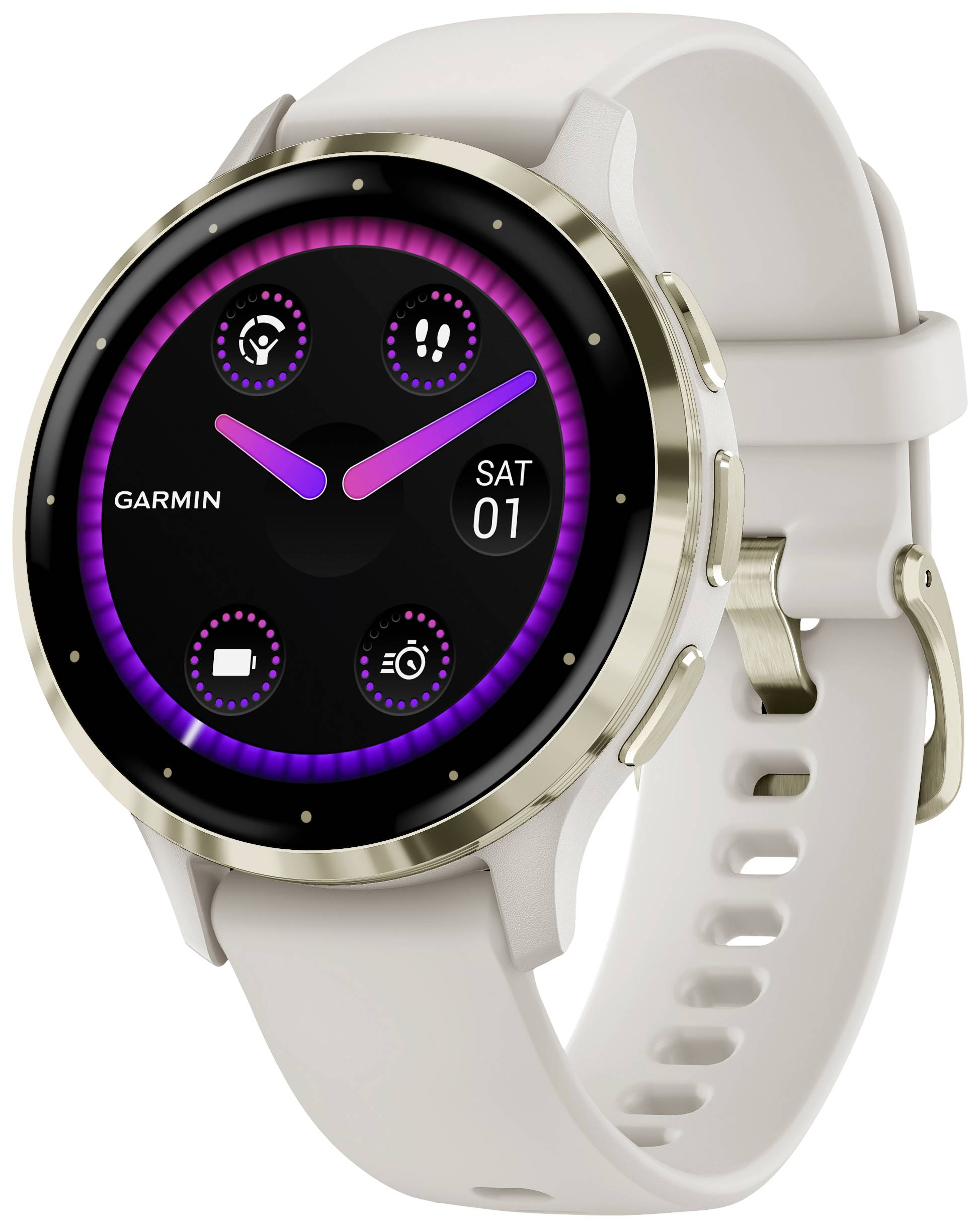 Un orologio intelligente con display rotondo, quadrante rosa e quattro simboli. Data visualizzata in alto a destra sullo schermo.