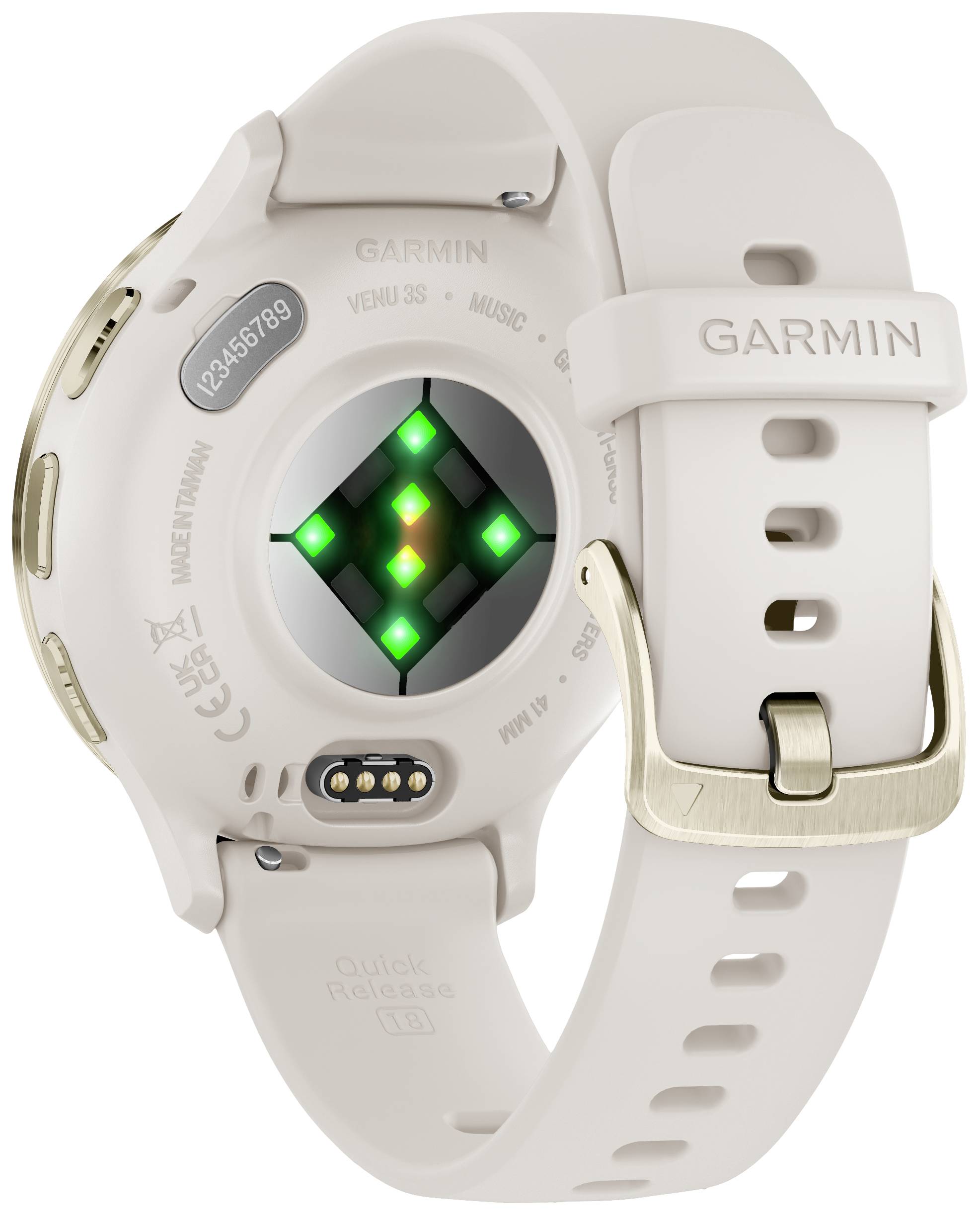 Un smartwatch beige visto da dietro, che mostra i sensori per la misurazione della frequenza cardiaca e un cinturino dorato.