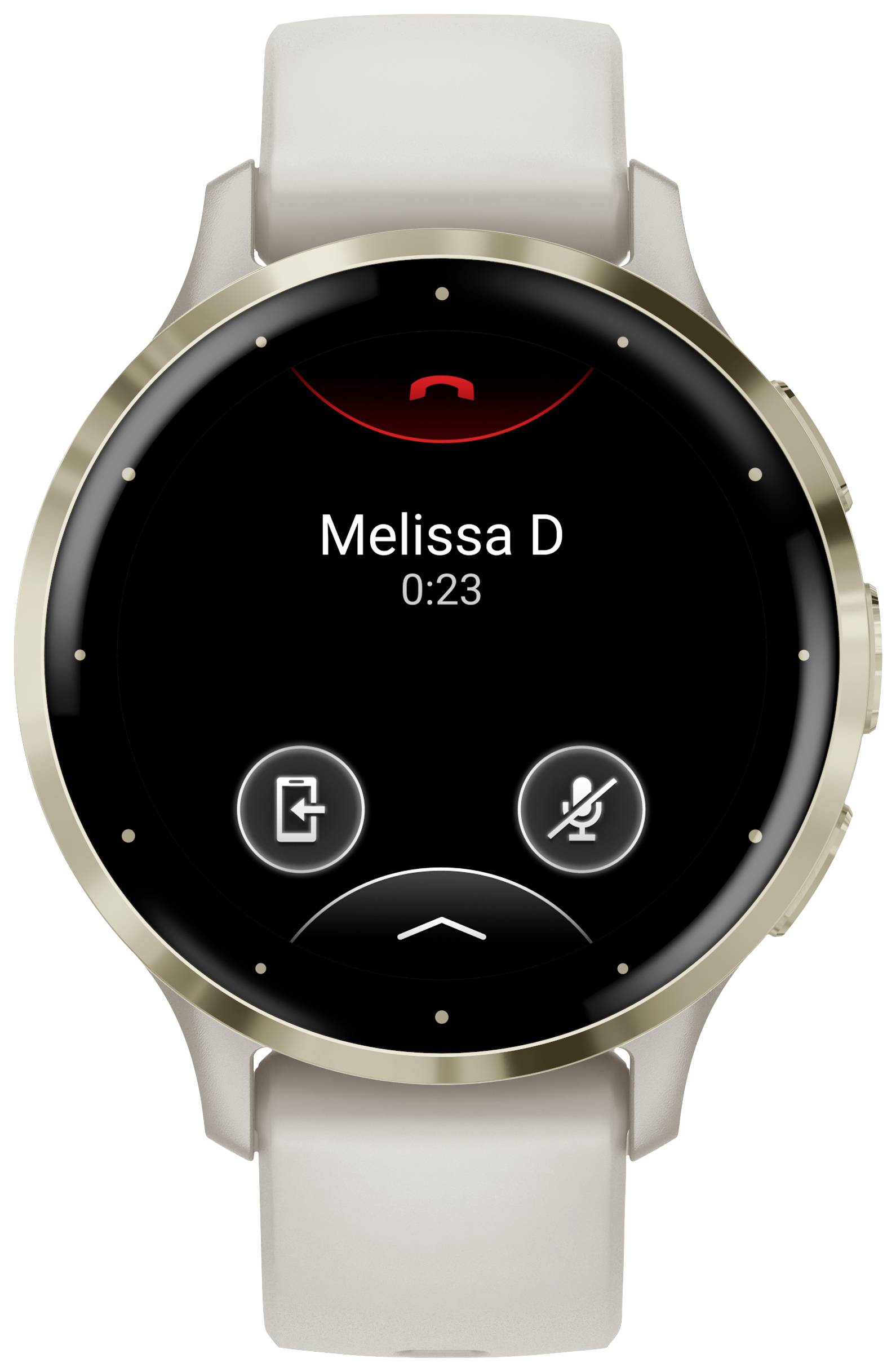 Un display di uno smartwatch mostra una chiamata al centro con il nome 'Melissa D' e la durata della chiamata 0:23. Due pulsanti in basso.