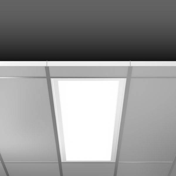Luce da soffitto rettangolare luminosa in un ambiente con controsoffitto a griglia grigio.