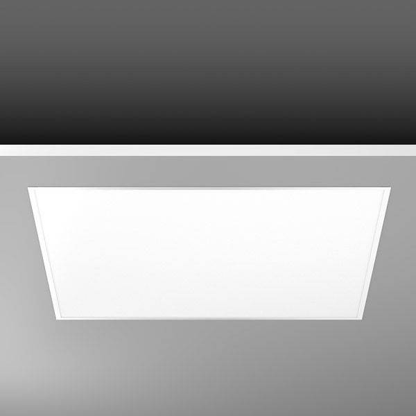 Una plafoniera LED rettangolare illumina uniformemente un ambiente moderno con soffitto grigio.