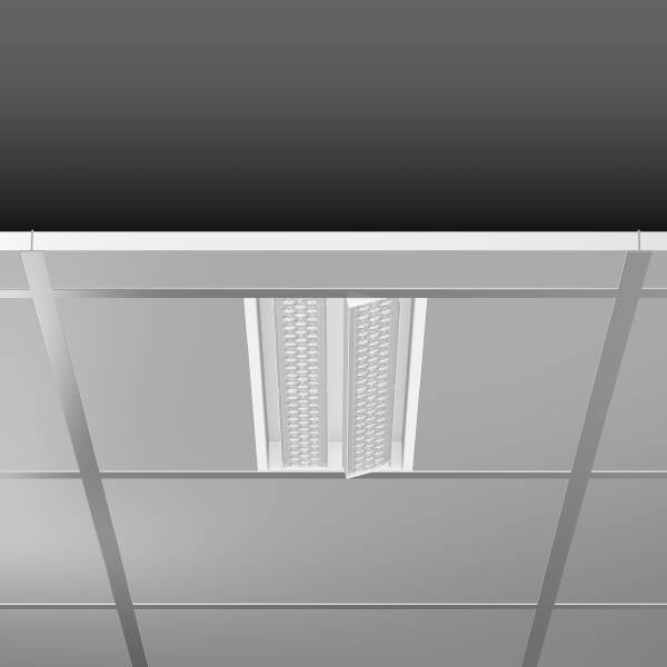 Una lampada da soffitto bianca in un controsoffitto a griglia mostra un design di illuminazione moderno.
