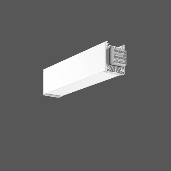 Lampada bianca, rettangolare, con dettagli tecnici su un lato, su sfondo grigio.