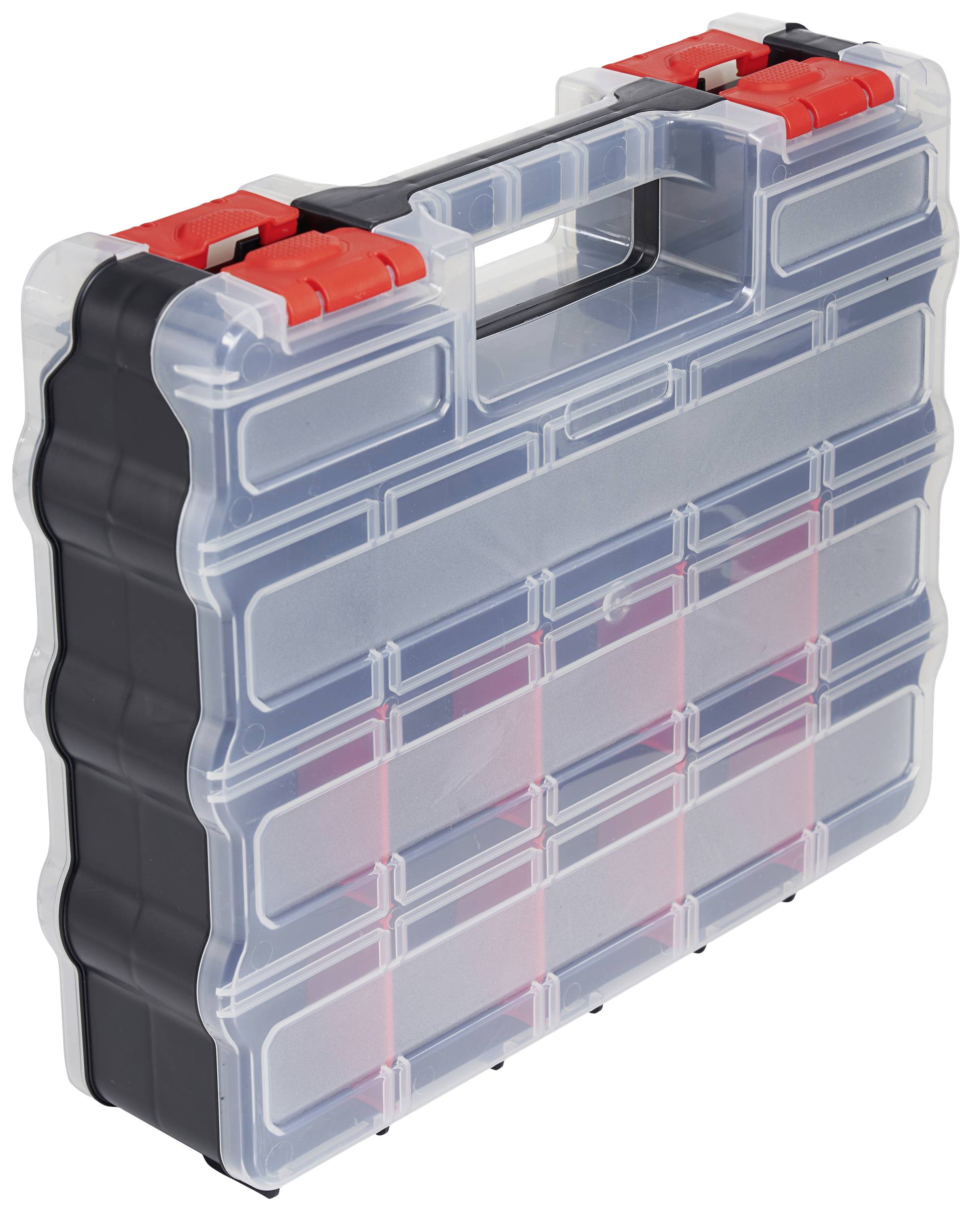 Contenitore di stoccaggio trasparente in plastica, portatile, con chiusura rossa, idoneo per l'organizzazione di piccoli oggetti o attrezzi.