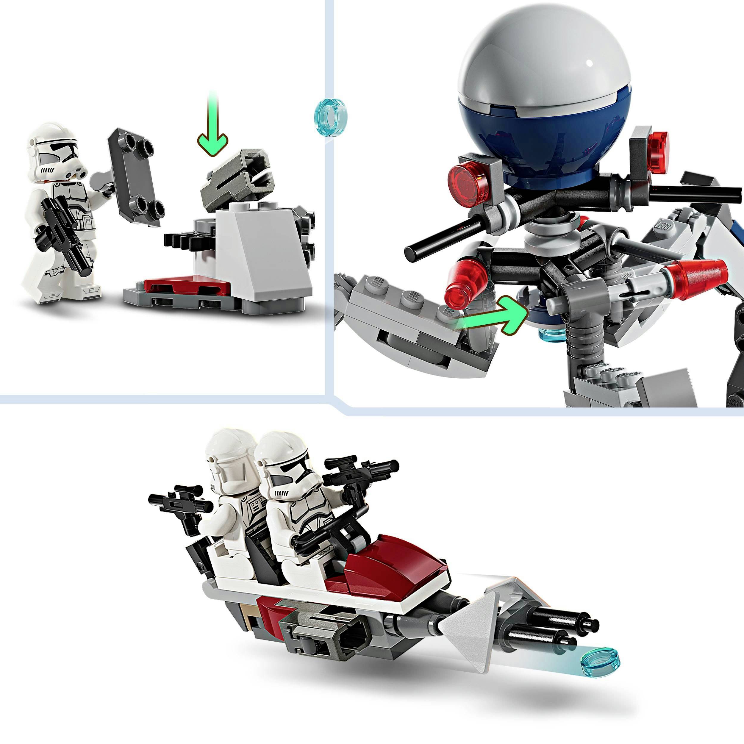 Due figure costruite con blocchi, una con un elmetto, sono sedute su uno speeder volante. Una persona sta aggiungendo un componente a un cannone.
