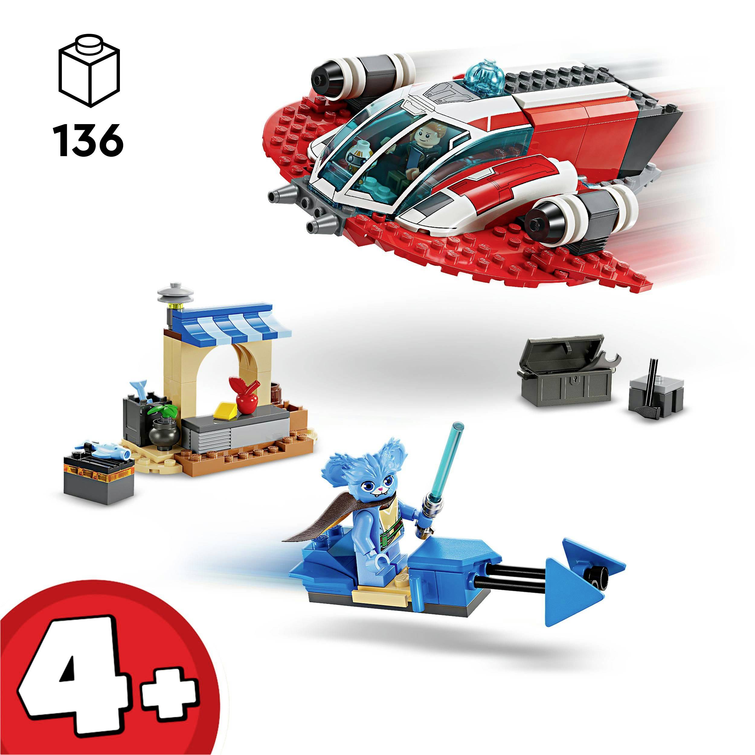 Set LEGO con speeder blu, astronave rossa e bancarella di mercato. Un'alieno blu con spada si trova sullo speeder. Adatto dai 4 anni in su.