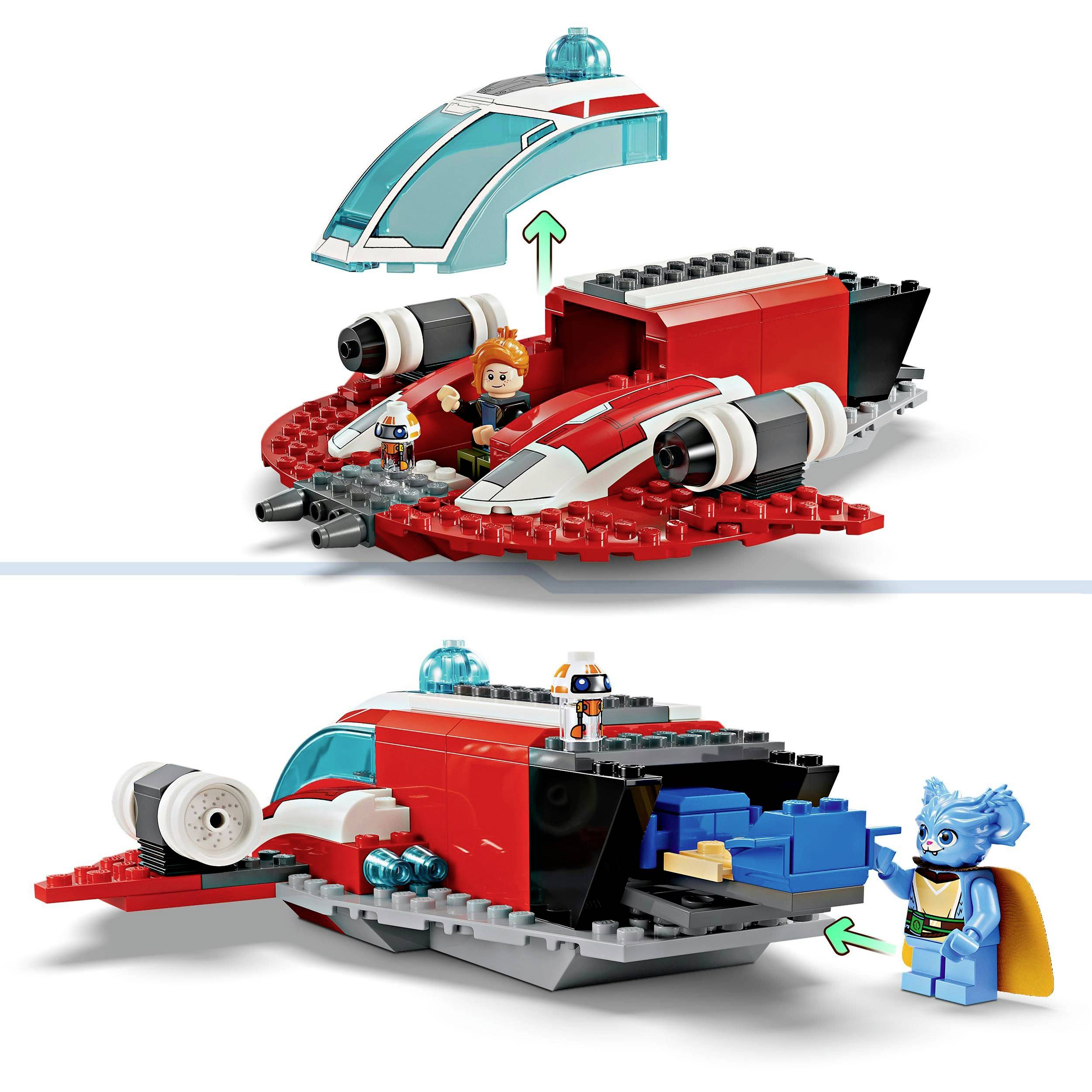 Un'astronave LEGO rossa e grigia con pilota minifigura, cabina rimovibile e scompartimenti nascosti. Mostrate opzioni di costruzione alternative.