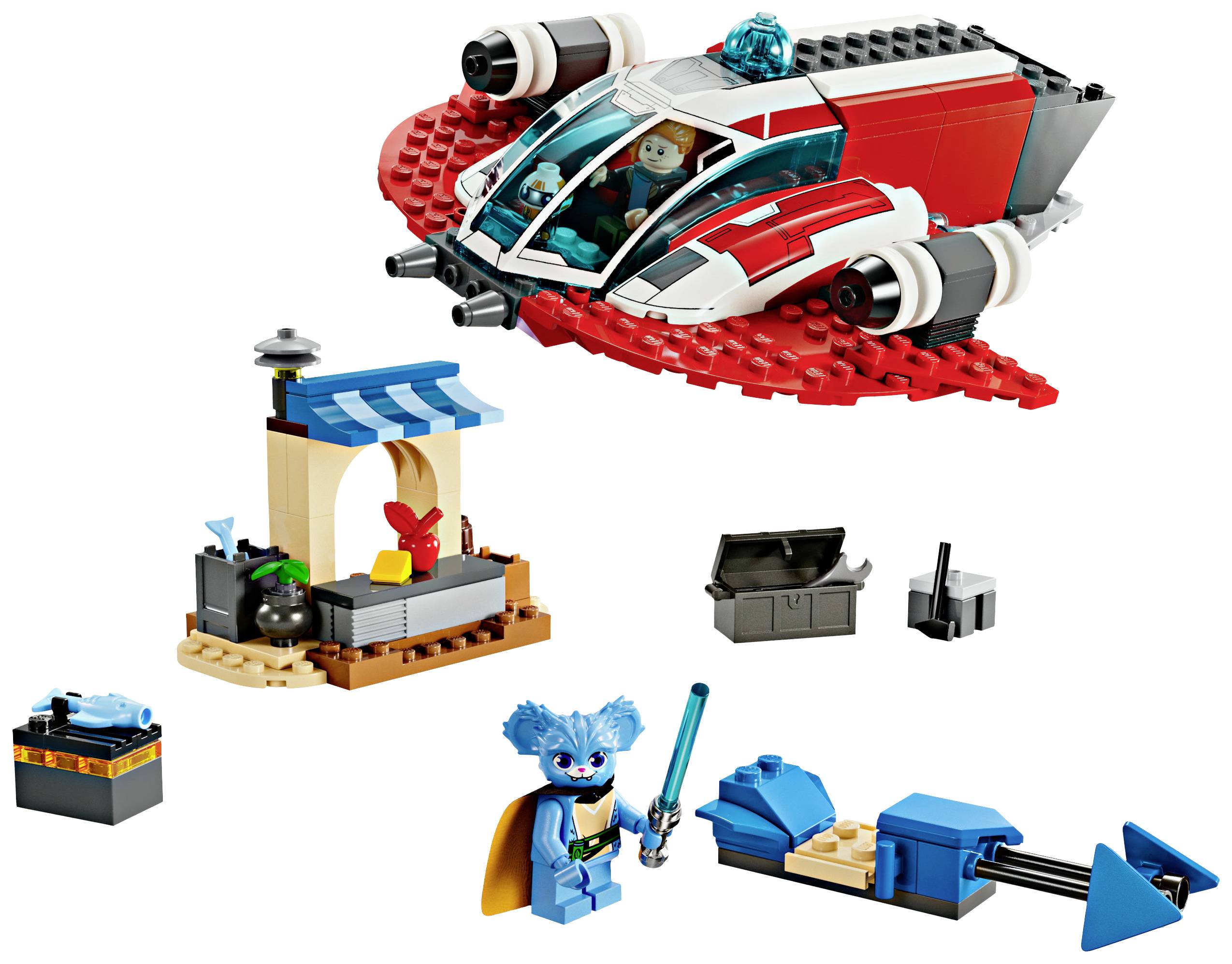 Un set LEGO con un'astronave, minifigure e accessori. Un animale blu con un mantello tiene in mano una spada laser.