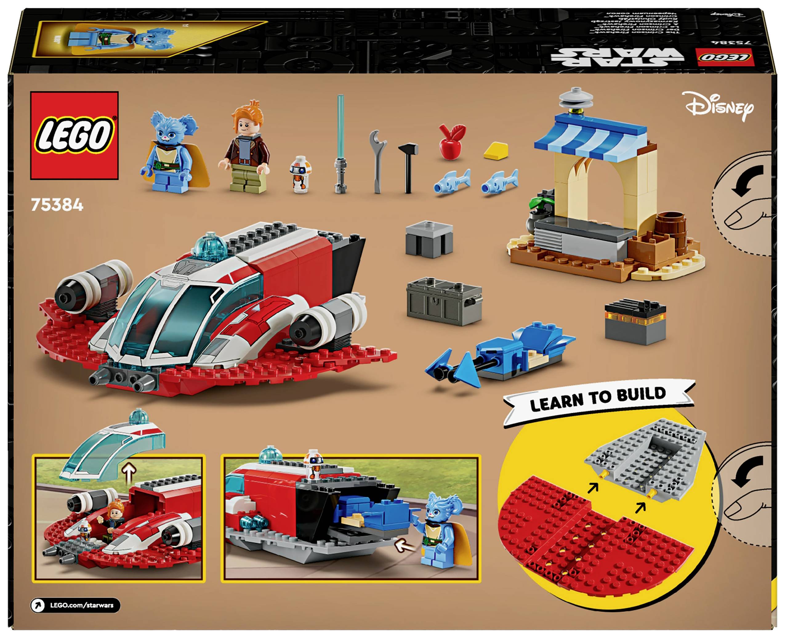 Il set LEGO '75384' presenta un kit di costruzione con una navicella spaziale e personaggi. Include istruzioni, accessori e piccole figure per l'assemblaggio del gioco.