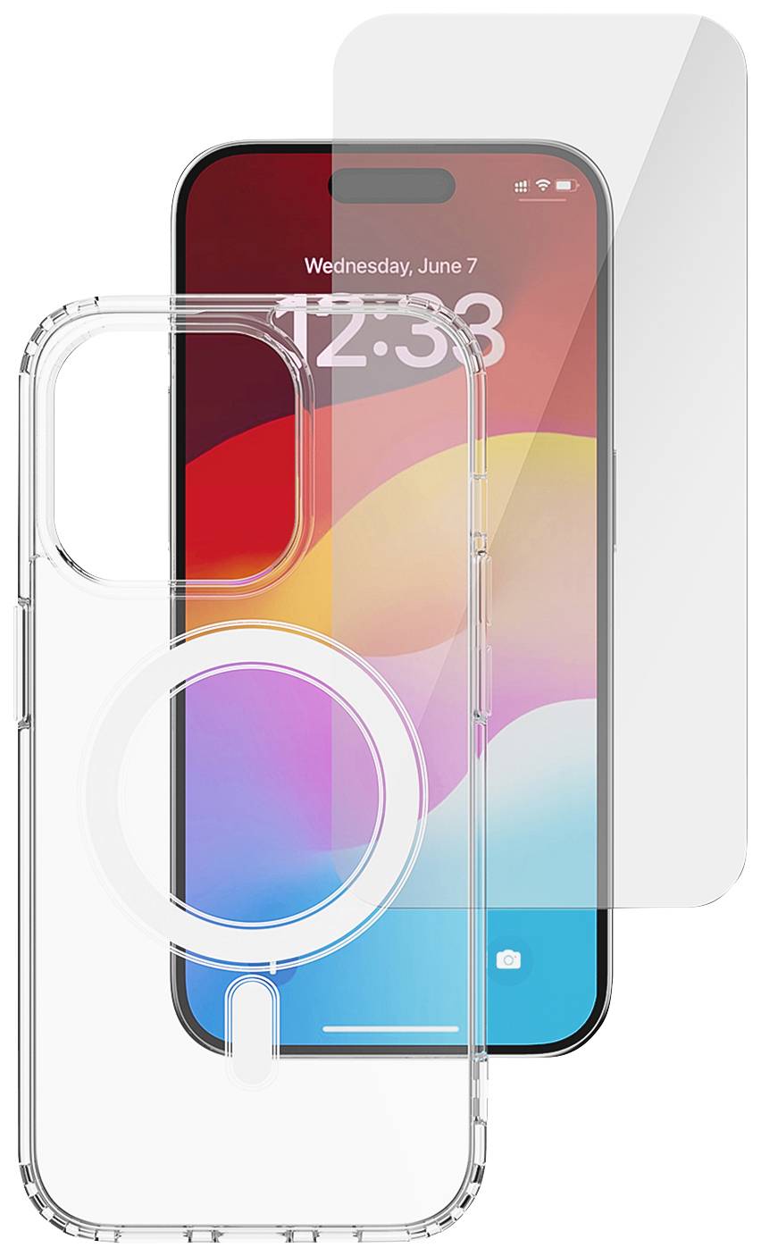 Uno smartphone con sfondo del display rosso e viola. Davanti è visibile una custodia trasparente per cellulare e un vetro protettivo.