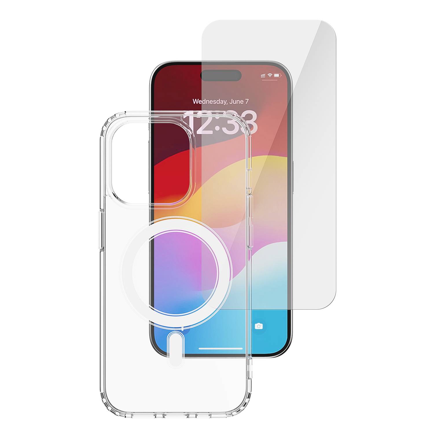 Cover trasparente per smartphone con protezione display, che mostra lo schermo con uno sfondo colorato e l'ora '12:38'.