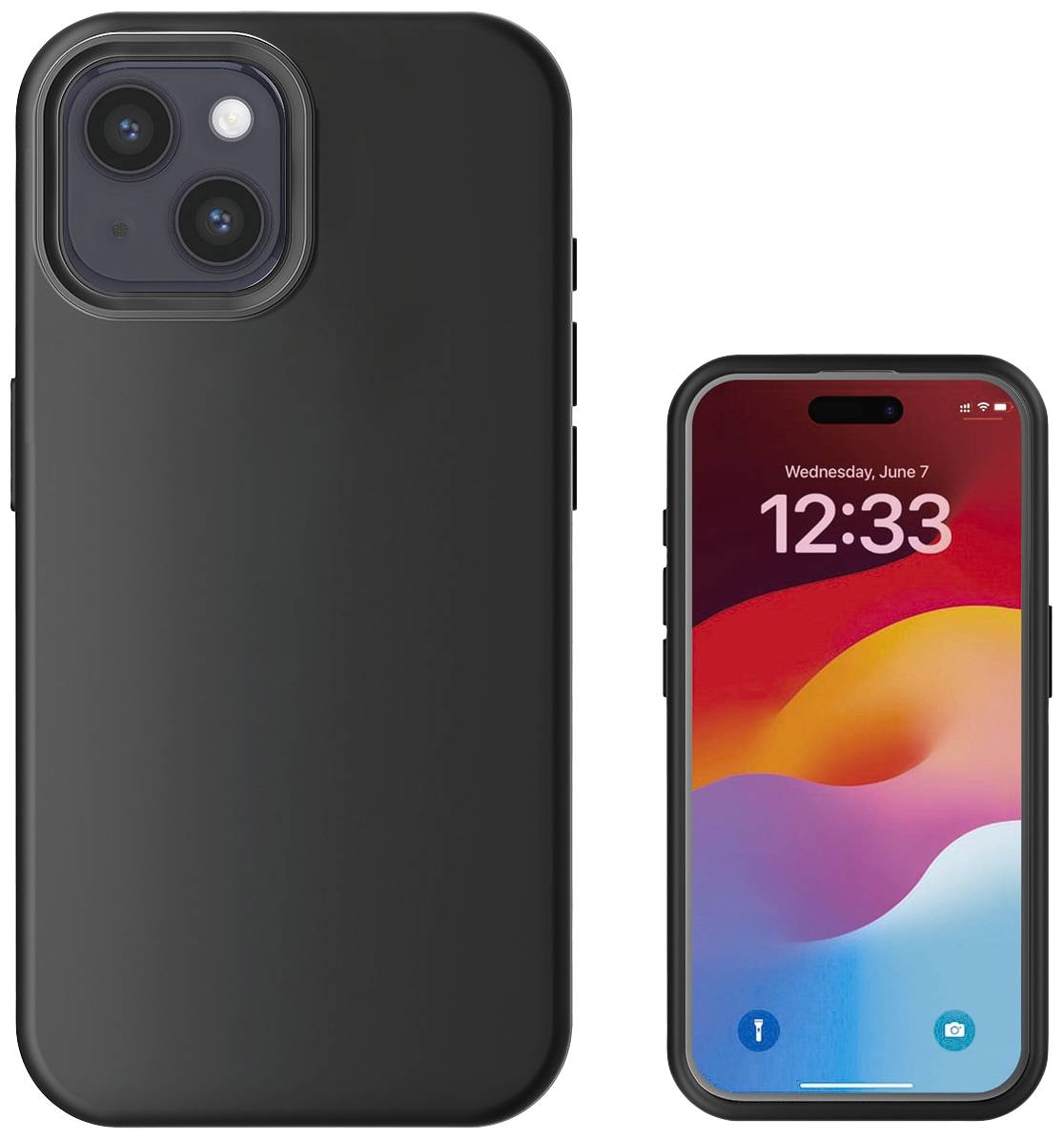 Smartphone con custodia nera; lo schermo mostra un pattern di onde colorate e la data 'Mercoledì, 7 giugno' alle 12:33.