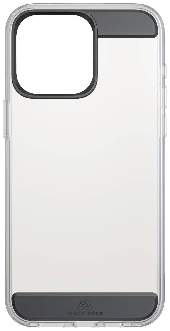 Custodia per smartphone trasparente con cornice nera e parte posteriore cristallina, progettata per un modello con ampia apertura per la fotocamera.