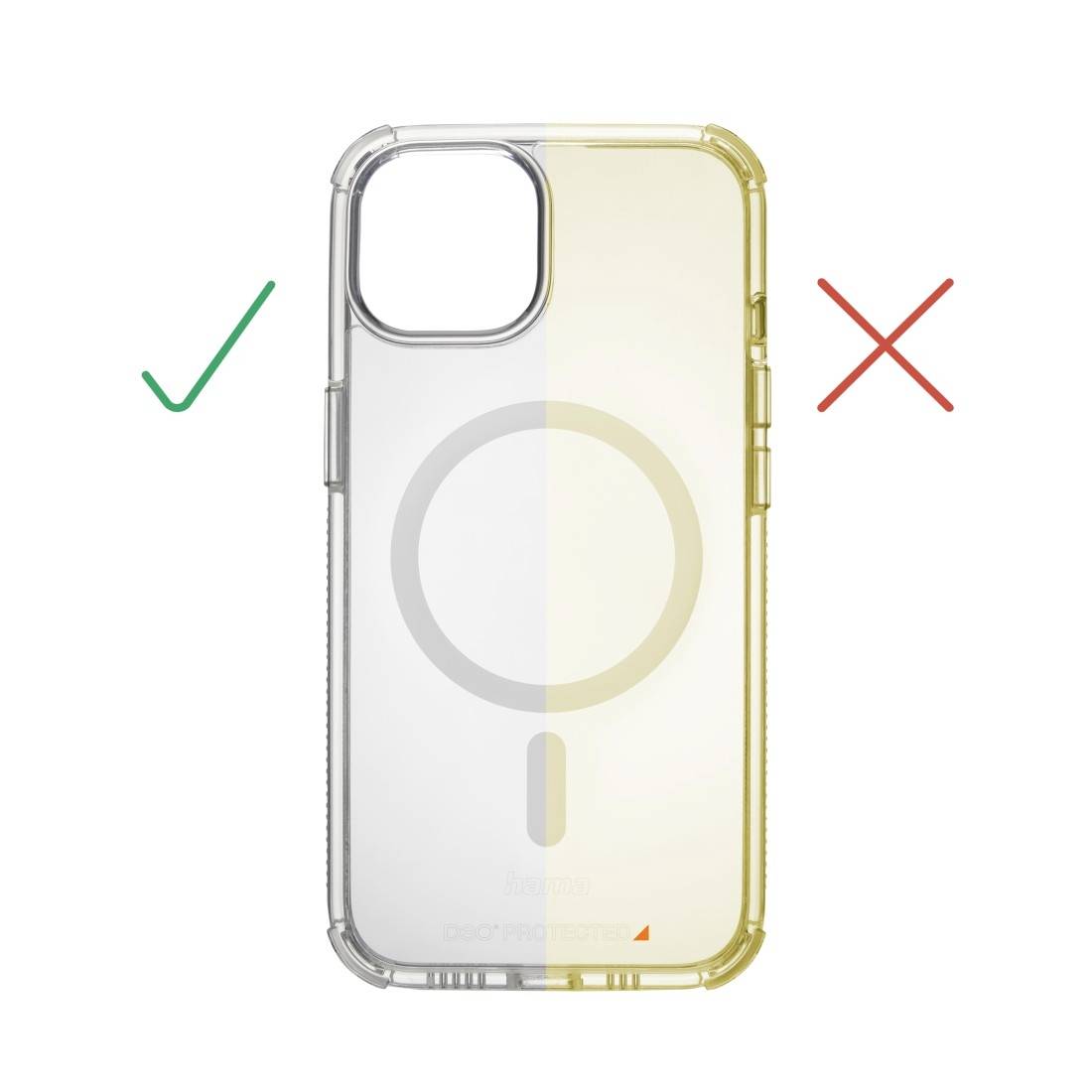 Cover trasparente per cellulare con anello MagSafe al centro. A sinistra un segno di spunta verde, a destra una 'X' rossa. Mostra il lato pulito vs. il lato ingiallito.