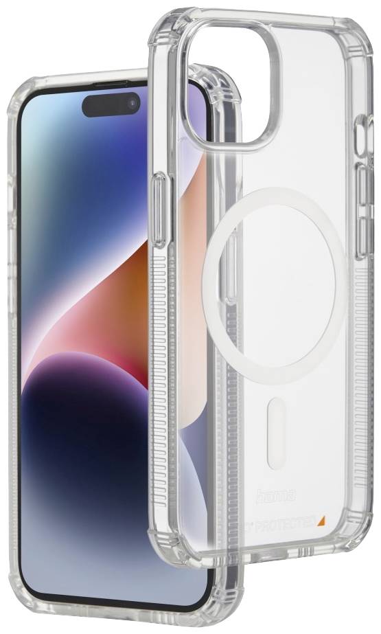 Cover trasparente per smartphone mostra un dispositivo moderno, parzialmente inserito. La cover presenta un'area circolare dedicata alla ricarica wireless.