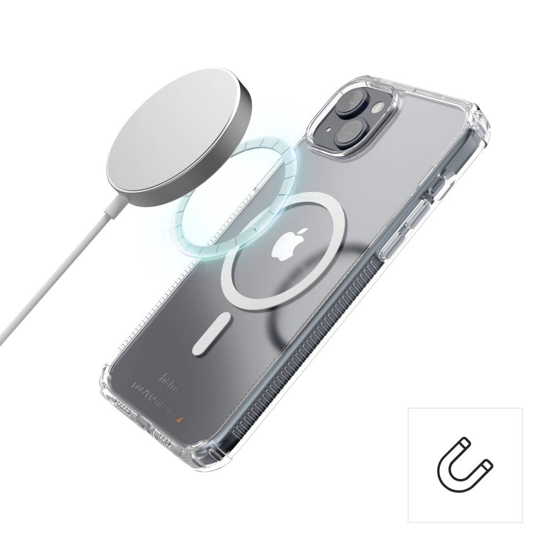 Un custodia per smartphone trasparente mostra la compatibilità magnetica con caricabatterie wireless per iPhone. Simbolo magnetico in basso a destra.