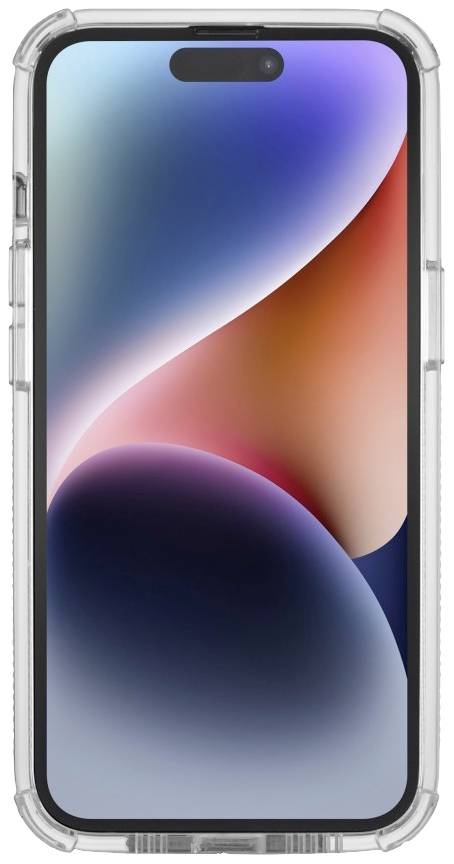Cellulare con sfondo colorato e astratto sul display, racchiuso in una custodia protettiva trasparente.