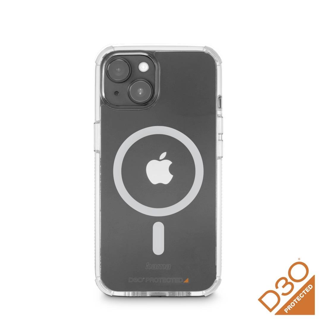 Cover trasparente per smartphone compatibile con MagSafe e con ritaglio per fotocamera, protegge il dispositivo, con scritta 'D3O Protected' in arancione.