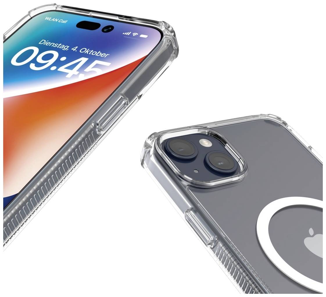 Due smartphone in custodie trasparenti, uno mostra lo schermo con l'ora e la data, l'altro il retro con le fotocamere.