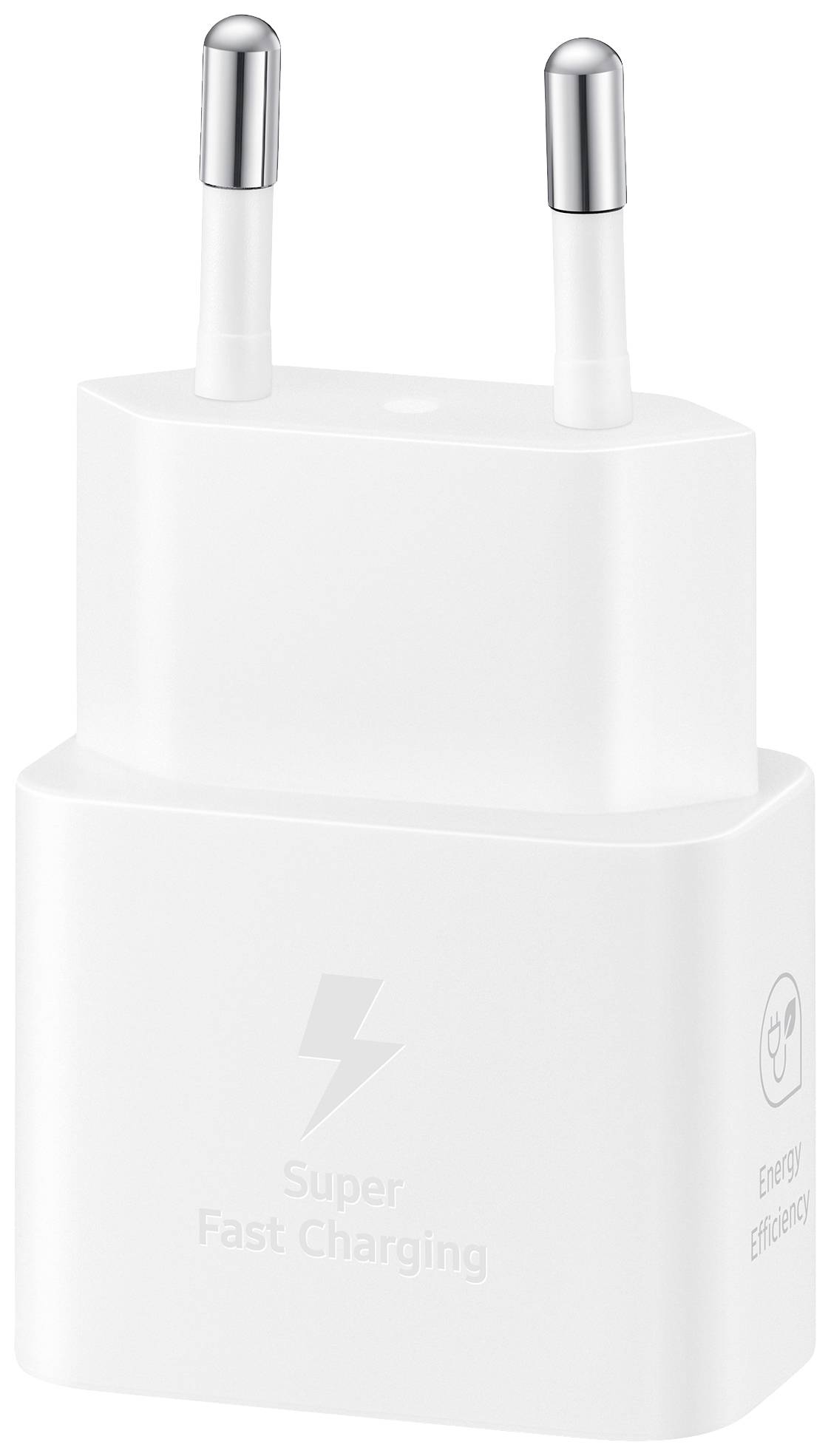Caricabatterie bianco con due pin, con la scritta 'Super Fast Charging', simbolo di efficienza energetica.