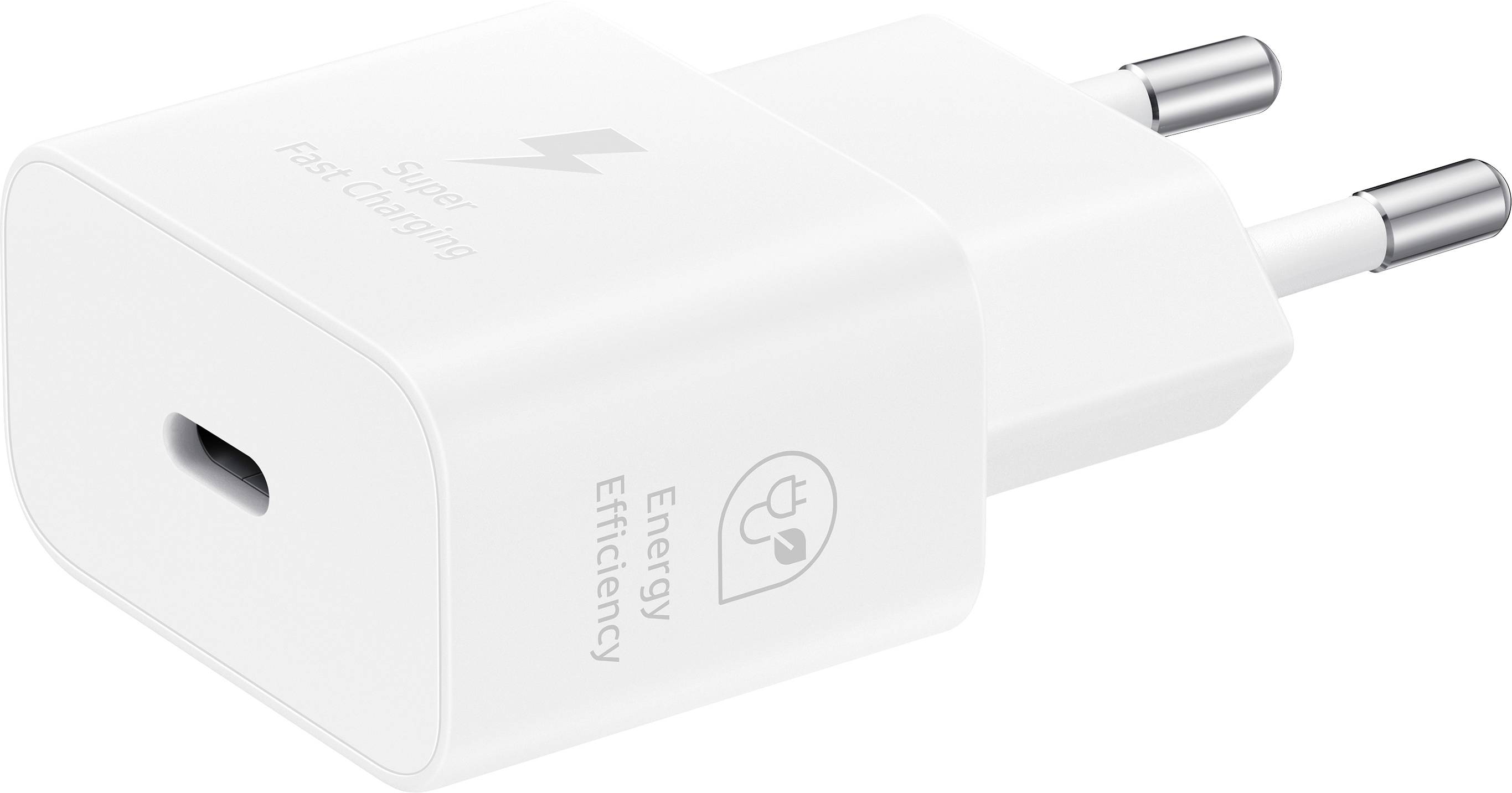Caricabatterie bianco con funzione di ricarica rapida e logo di efficienza energetica sul lato. Dispone di una porta USB-C.