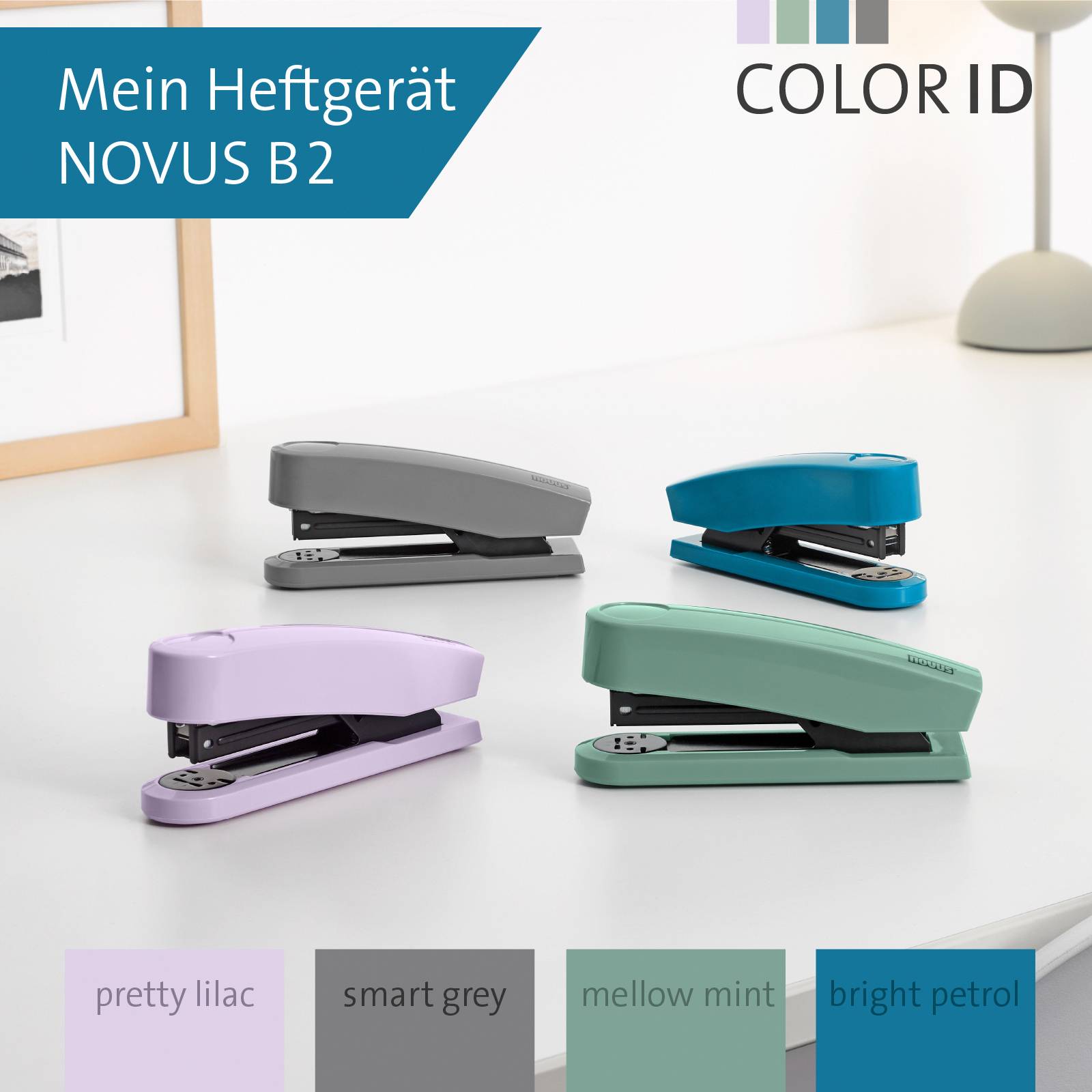 Tre spillatrici colorate su un tavolo davanti a una cornice e una pianta: Viola, Grigio, Turchese. Testo sull'immagine: 'Il mio spillatore - Novus B2'.